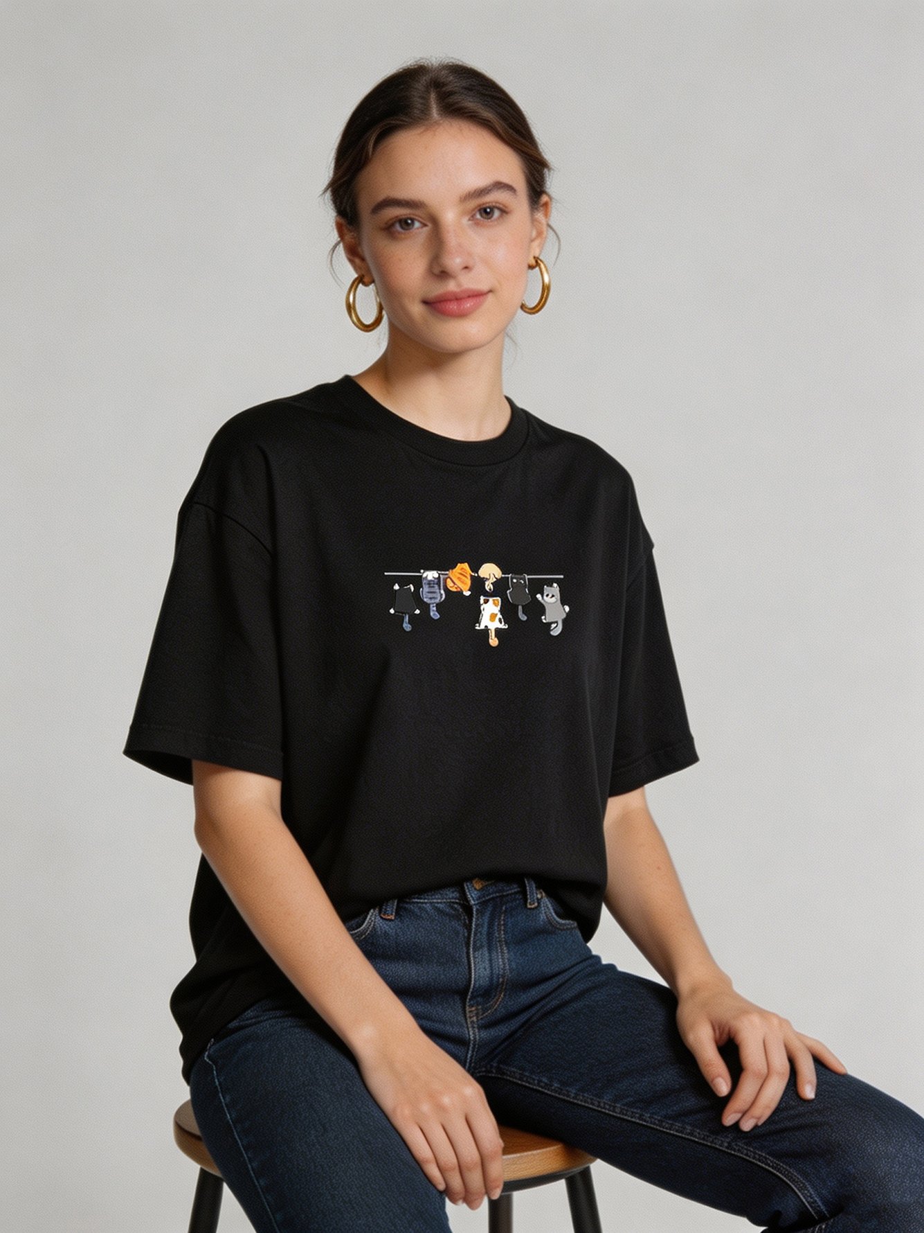 Black Cat Print Short Sleeves T-Shirt