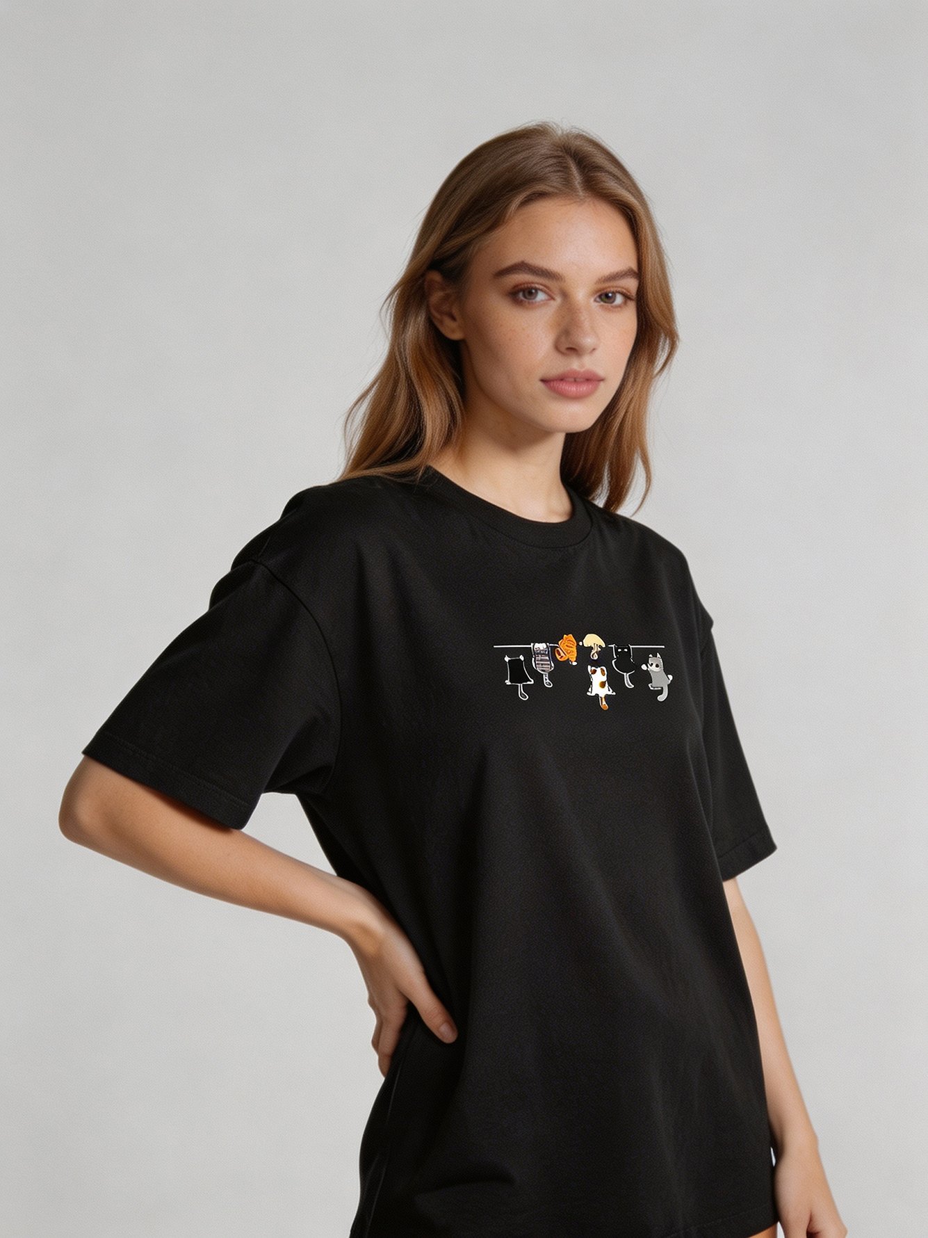 Black Cat Print Short Sleeves T-Shirt