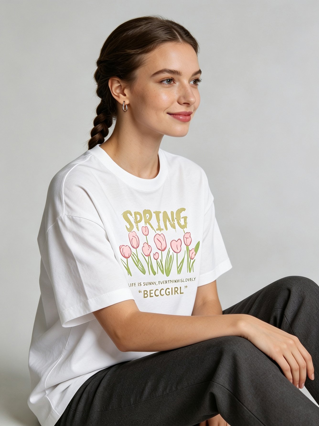White Tulip Print Short Sleeves T-Shirt