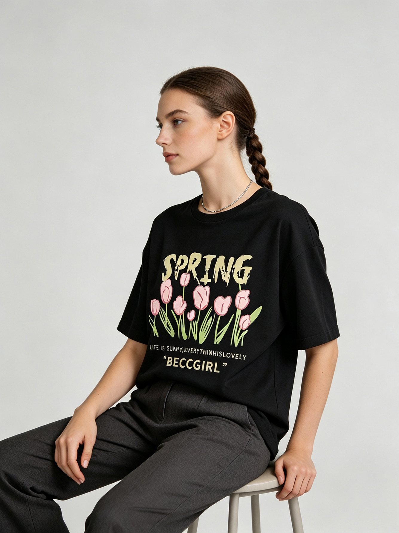 Black Tulip Print Short Sleeves T-Shirt