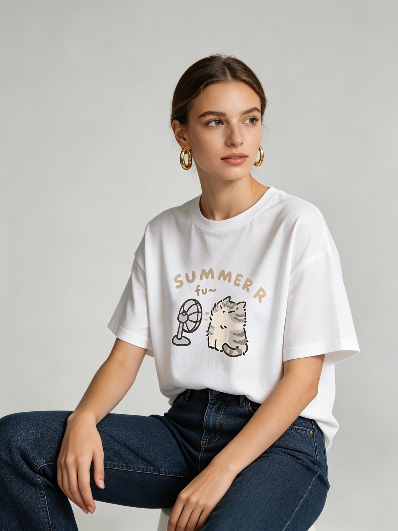 White Cat Print Round Neck Cotton T-Shirt