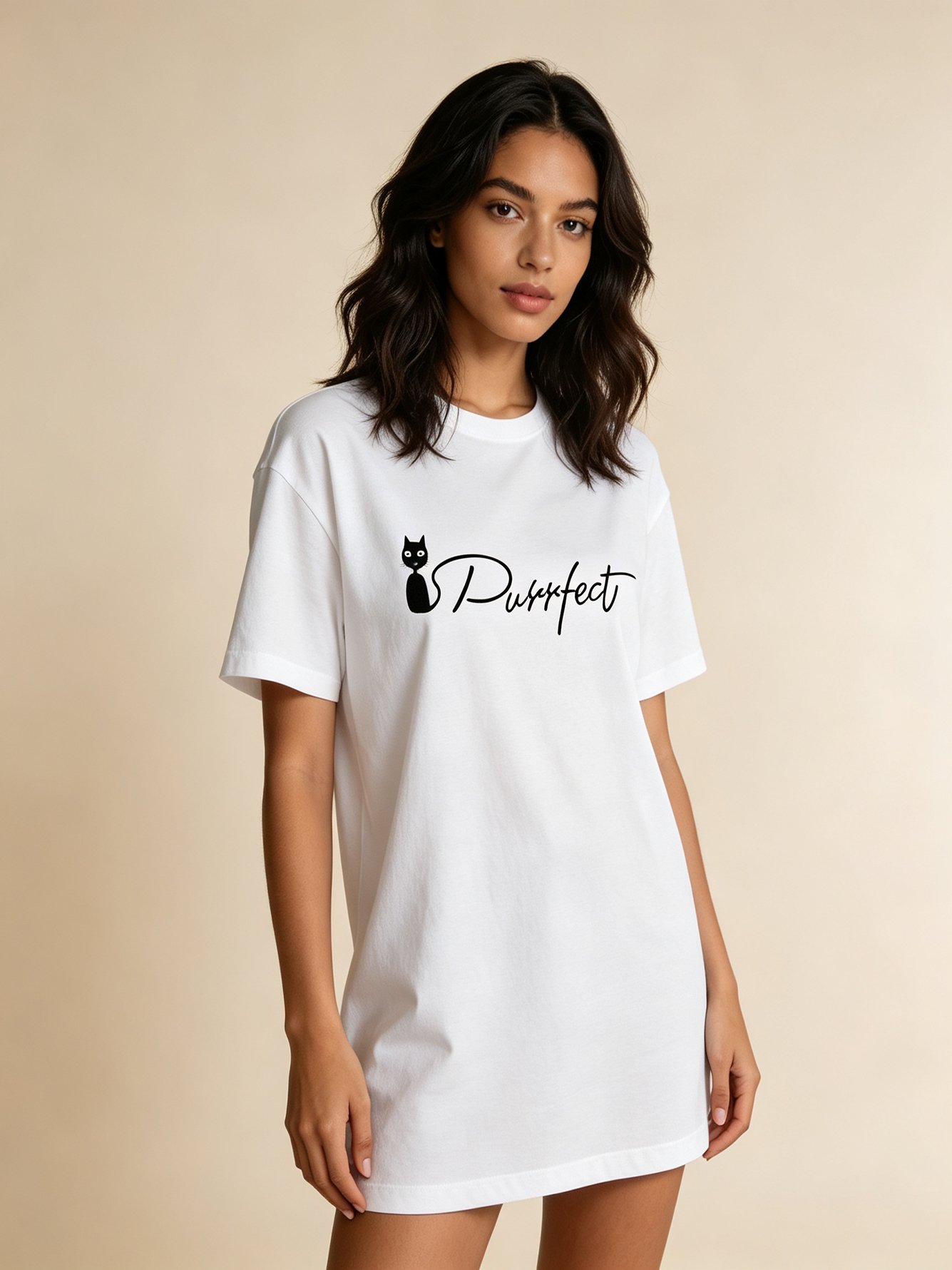 White Cat Graphic Short Sleeves Knitted T-Shirt