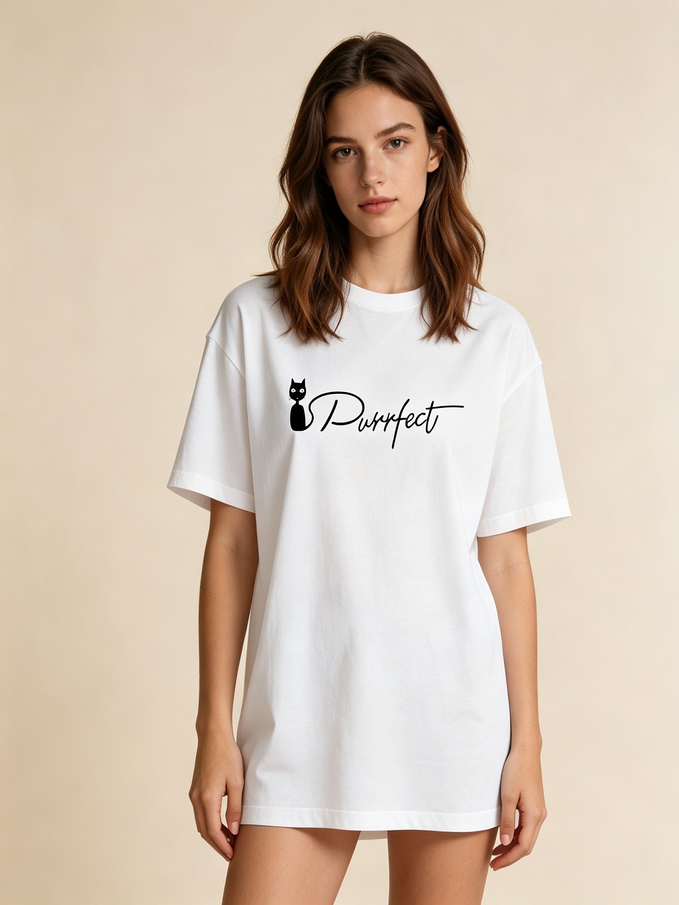 White Cat Graphic Short Sleeves Knitted T-Shirt