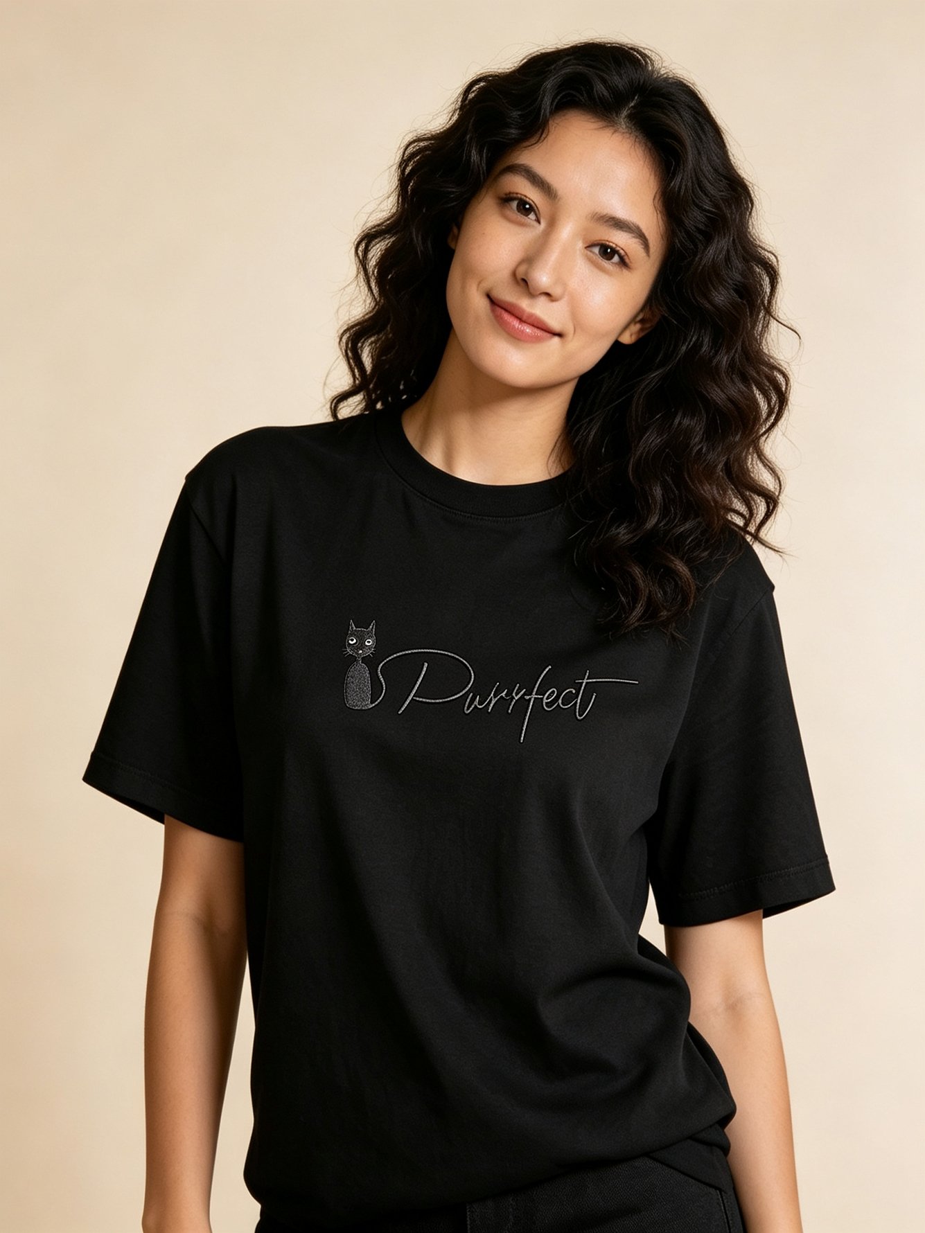 Black Cat Graphic Short Sleeves Knitted T-Shirt