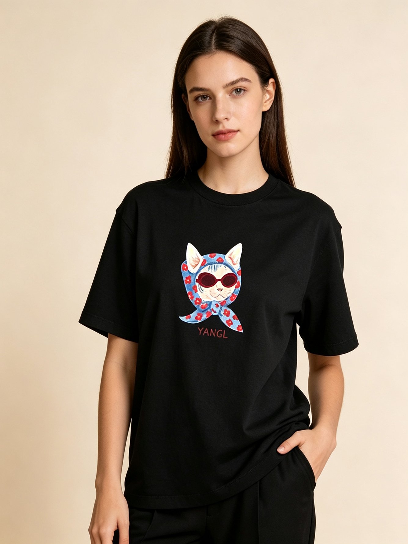 Black Cat Print Short Sleeves Cotton T-Shirt