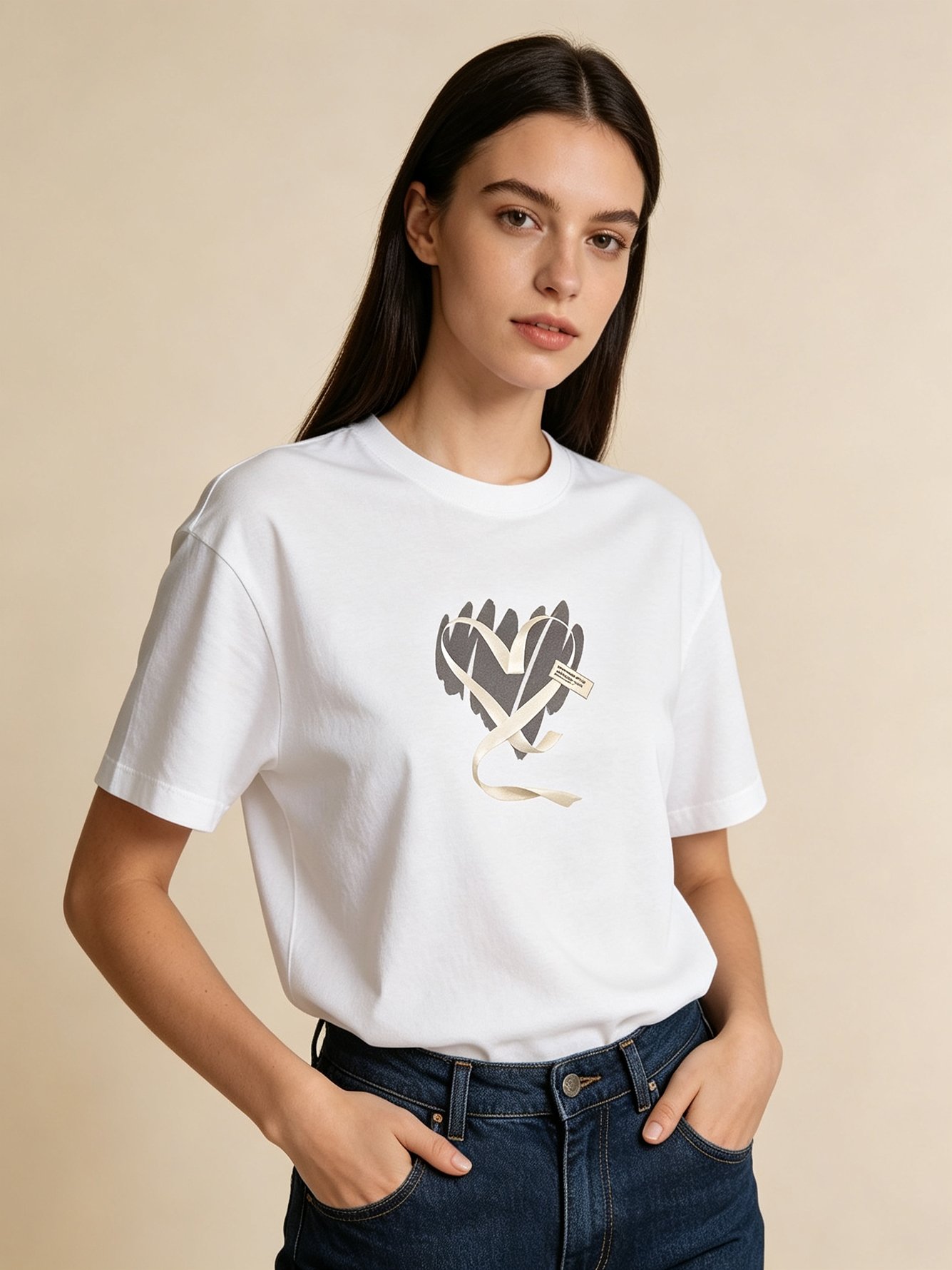 White Heart Print Round Neck T-Shirt
