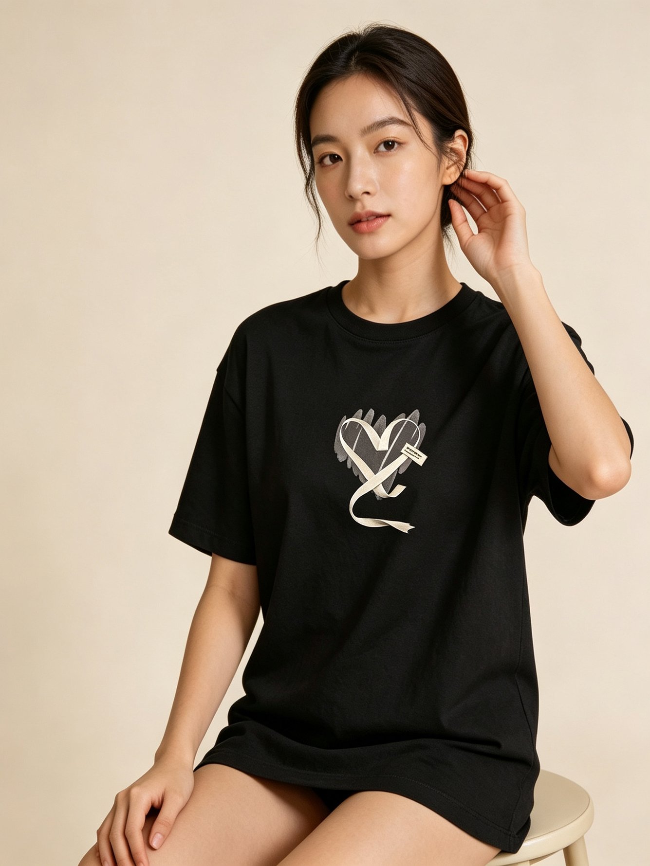 Black Heart Print Round Neck T-Shirt