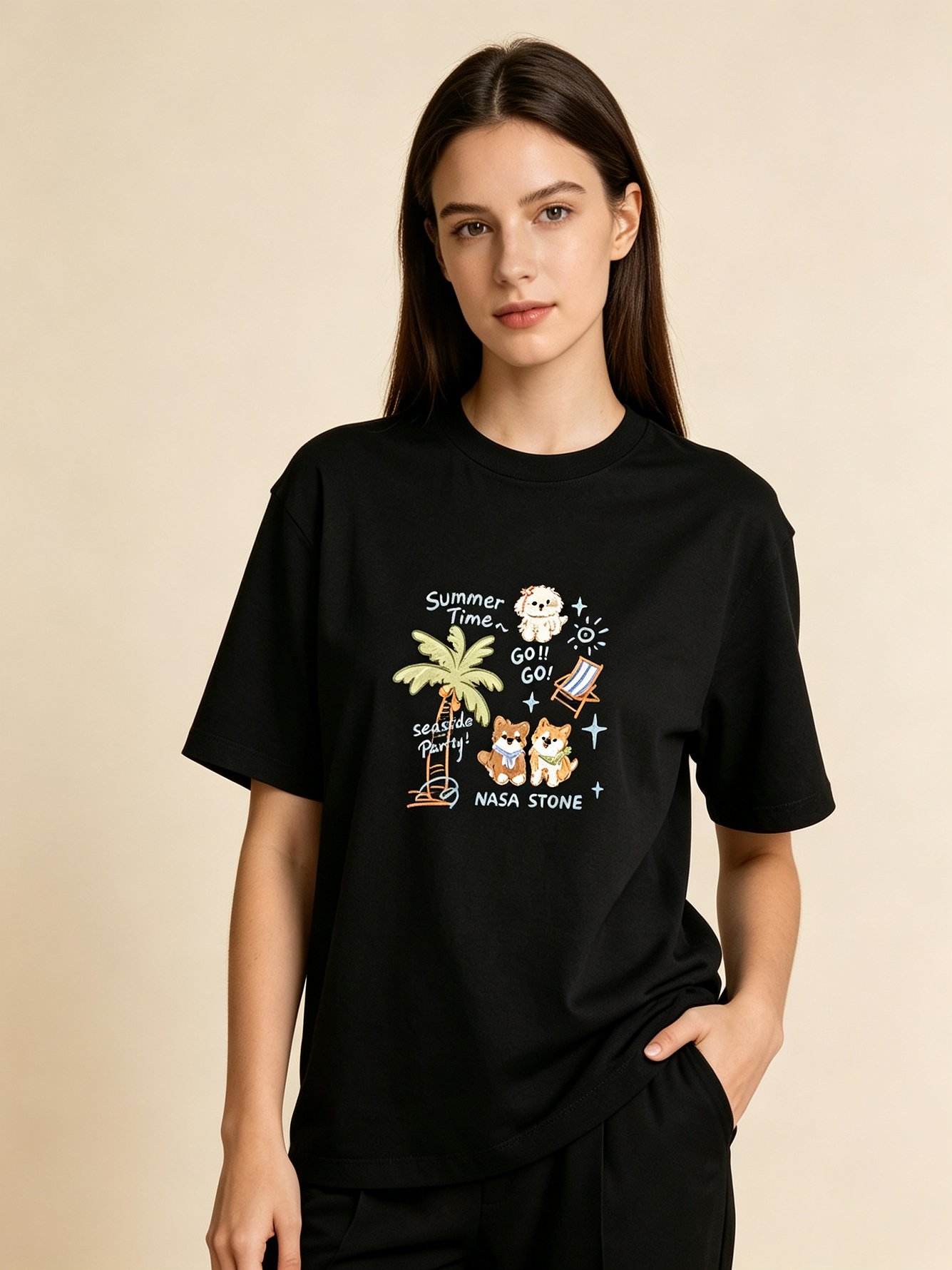 Black Graphic Print Short Sleeves Cotton T-Shirt