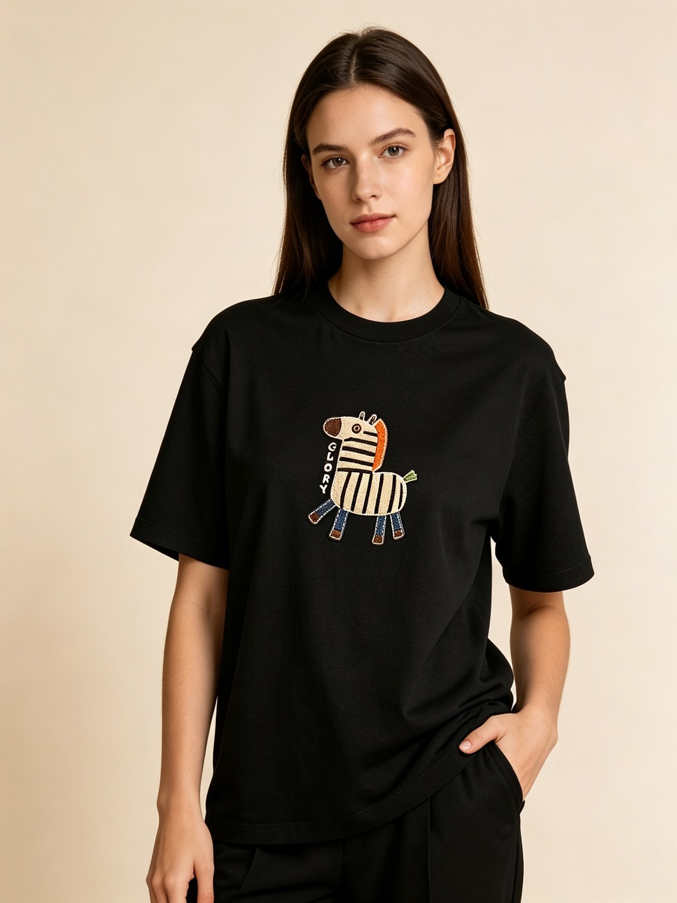 Black Zebra Print Short Sleeves Cotton T-Shirt