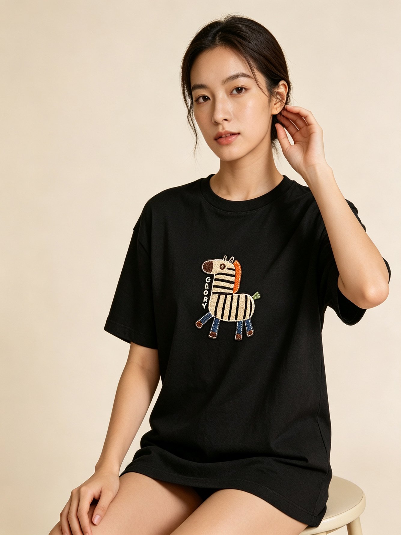 Black Zebra Print Short Sleeves Cotton T-Shirt