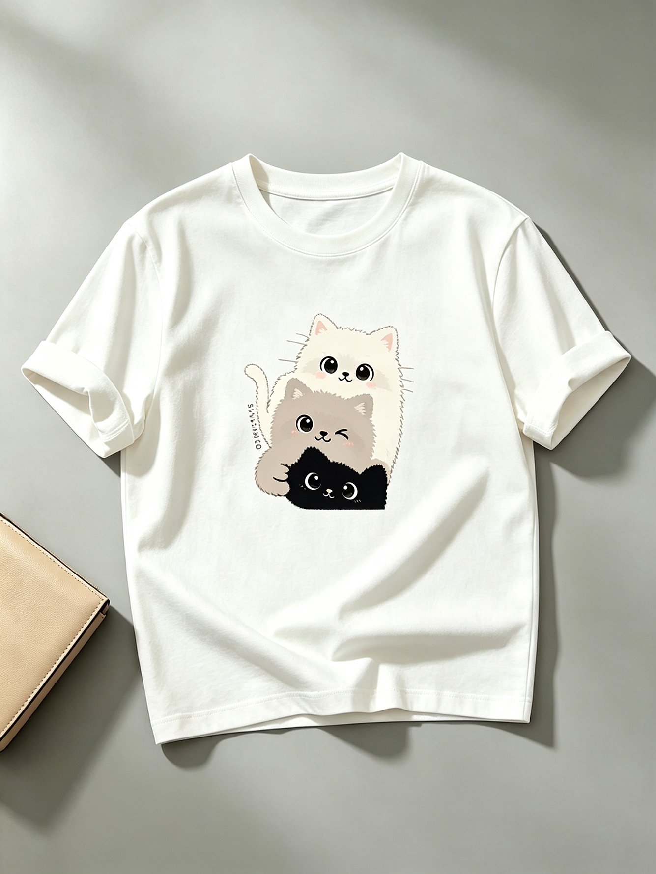 White Cat Print Short Sleeves Cotton T-Shirt