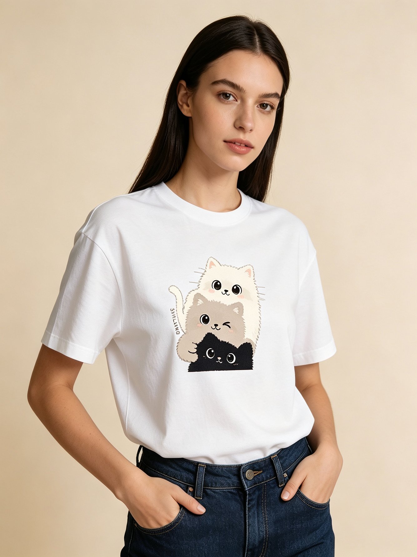 White Cat Print Short Sleeves Cotton T-Shirt