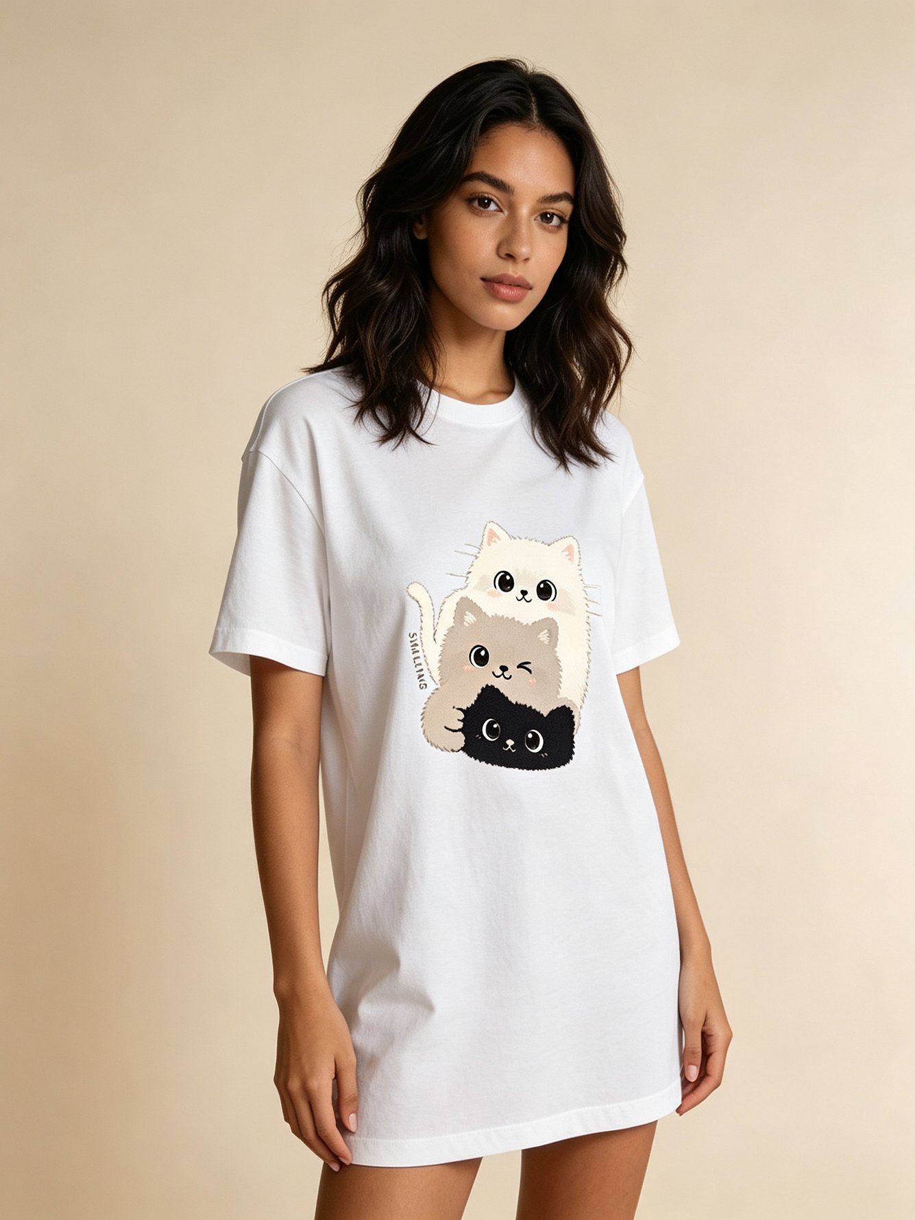 White Cat Print Short Sleeves Cotton T-Shirt