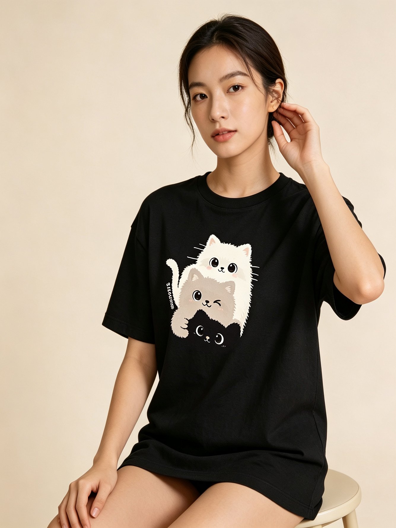 Black Cat Print Short Sleeves Cotton T-Shirt