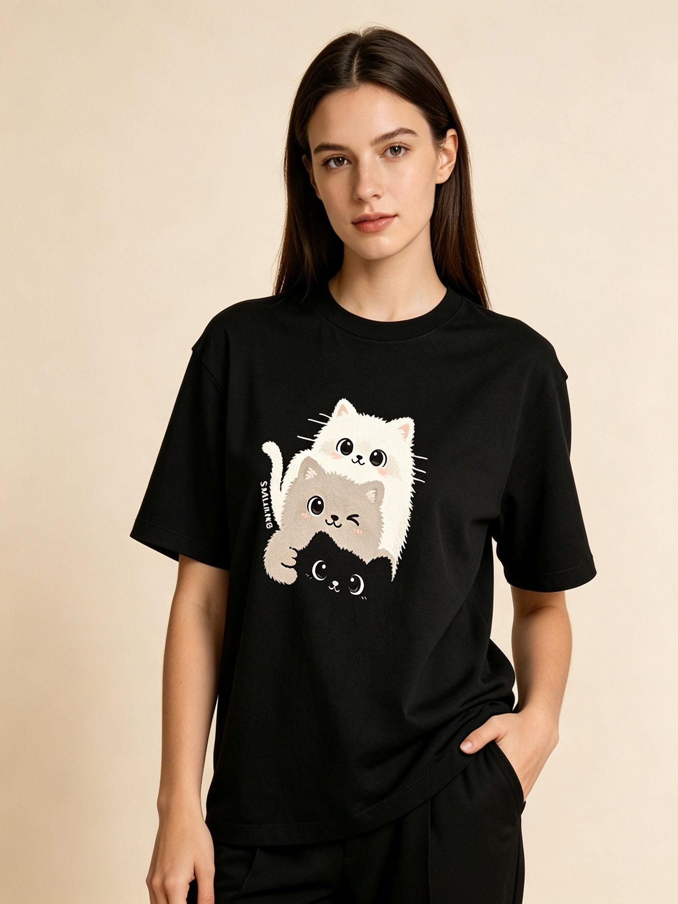 Black Cat Print Short Sleeves Cotton T-Shirt
