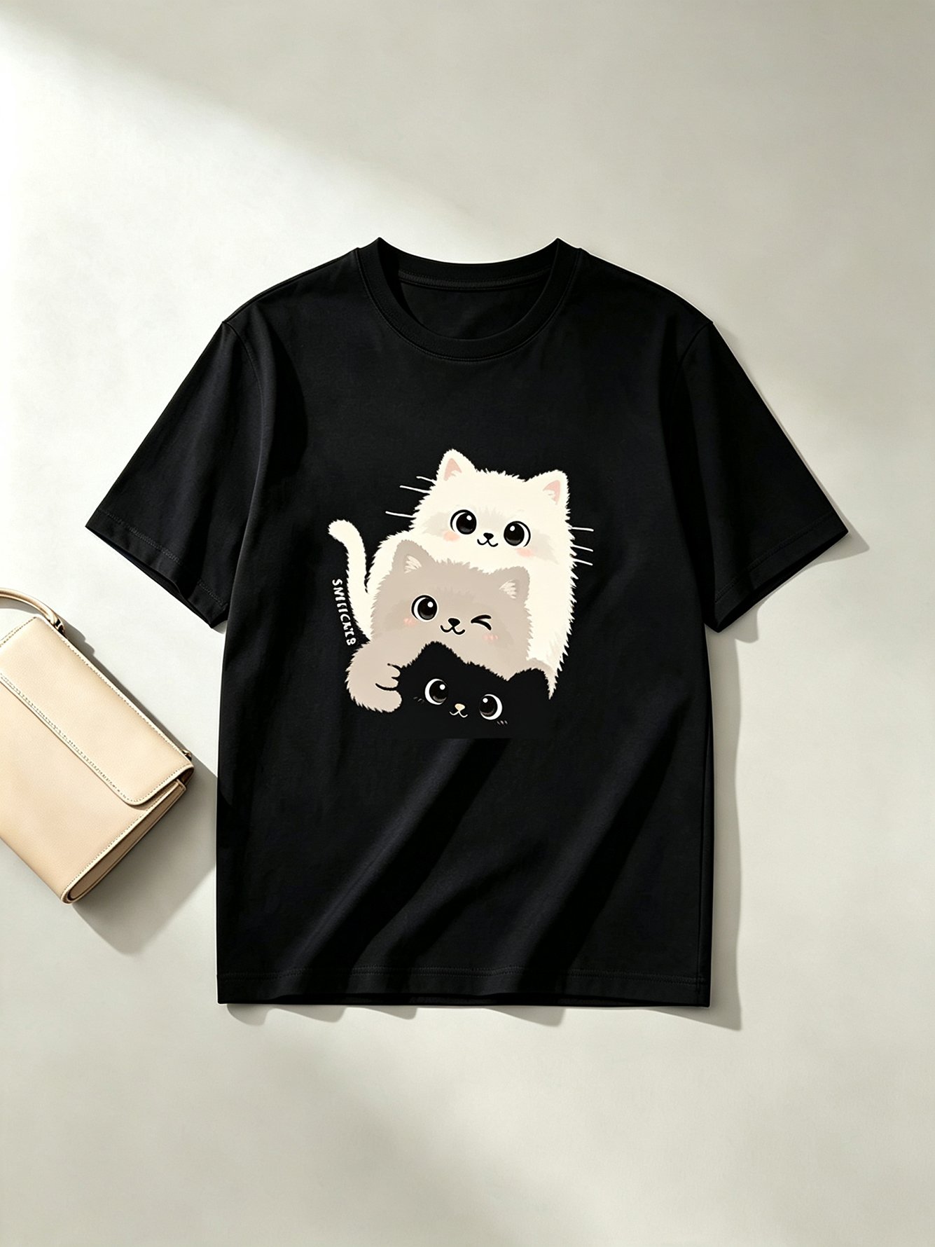 Black Cat Print Short Sleeves Cotton T-Shirt