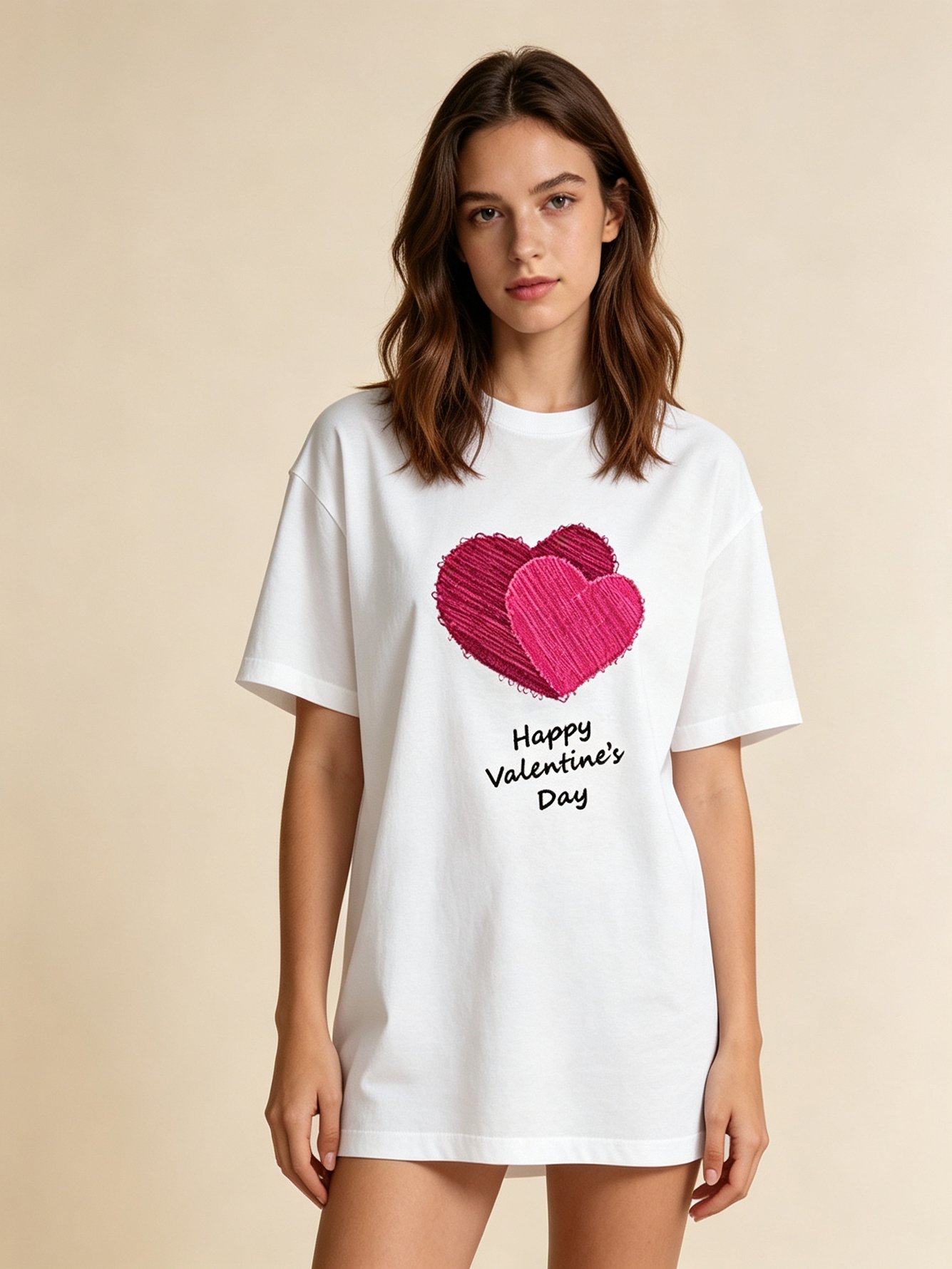 White Knitted Heart Print Short Sleeves T-Shirt