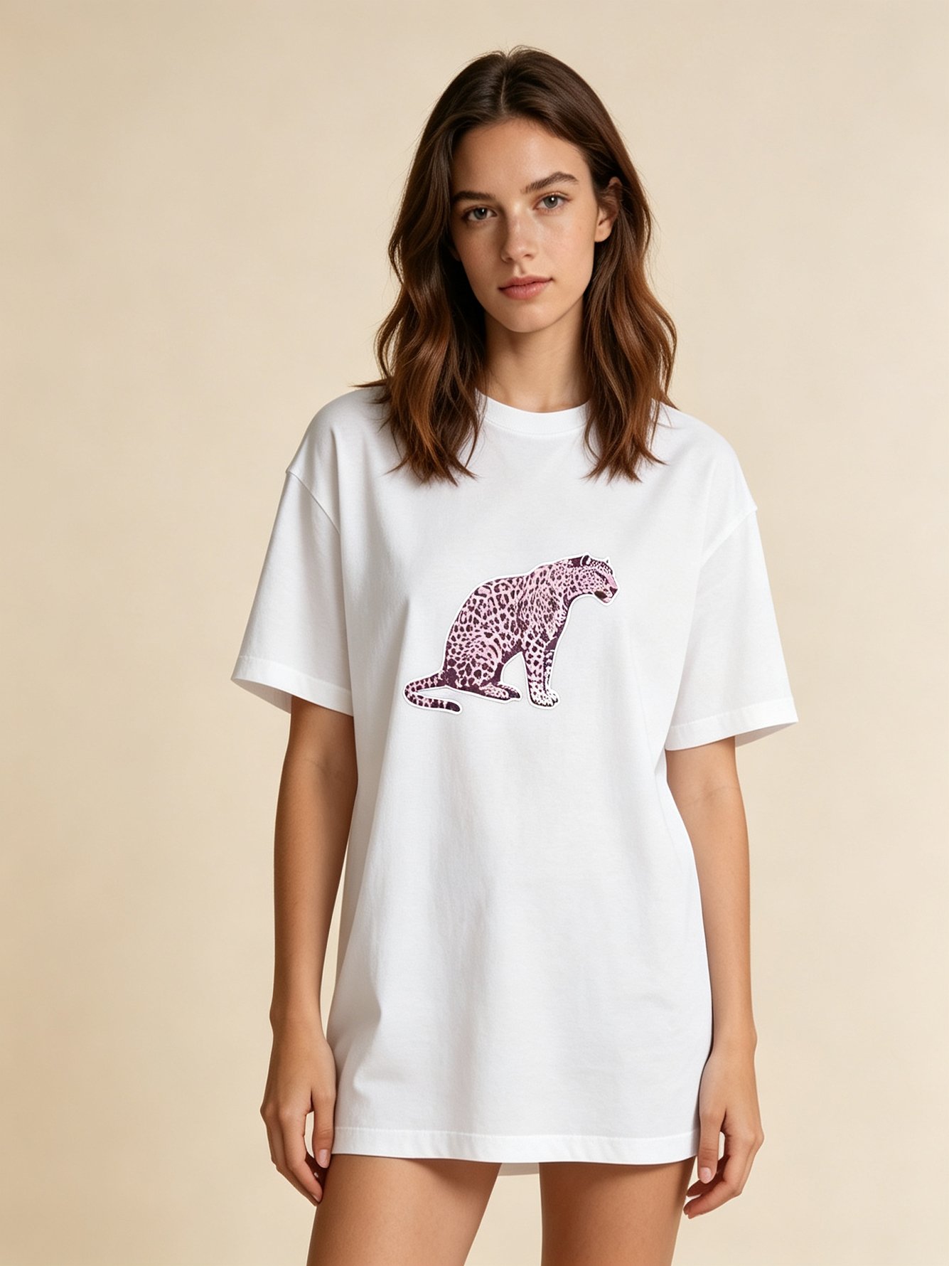 White Knitted Cotton T-Shirt with Leopard Print