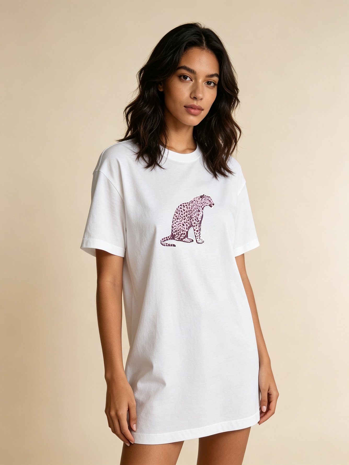 White Knitted Cotton T-Shirt with Leopard Print