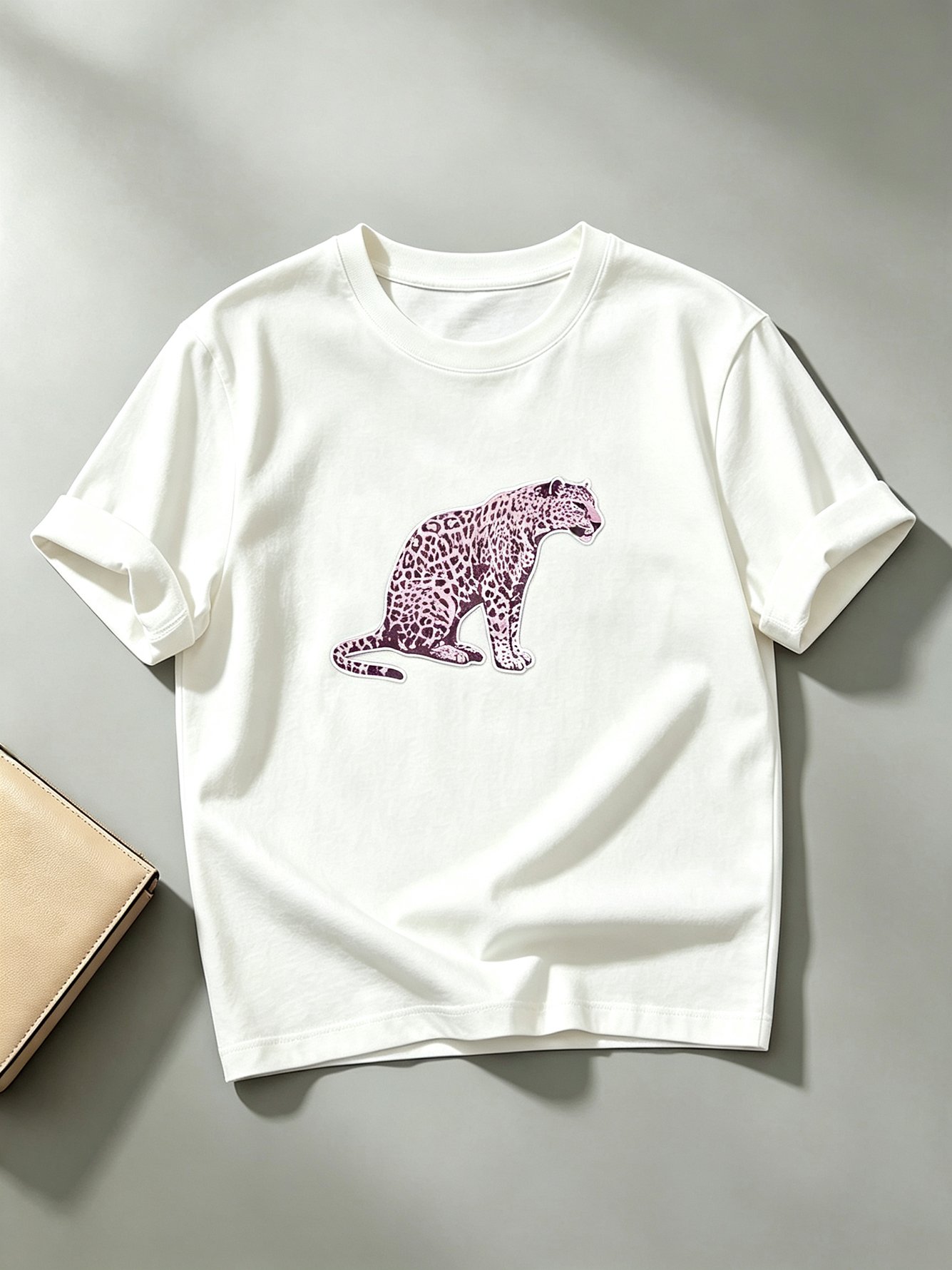 White Knitted Cotton T-Shirt with Leopard Print
