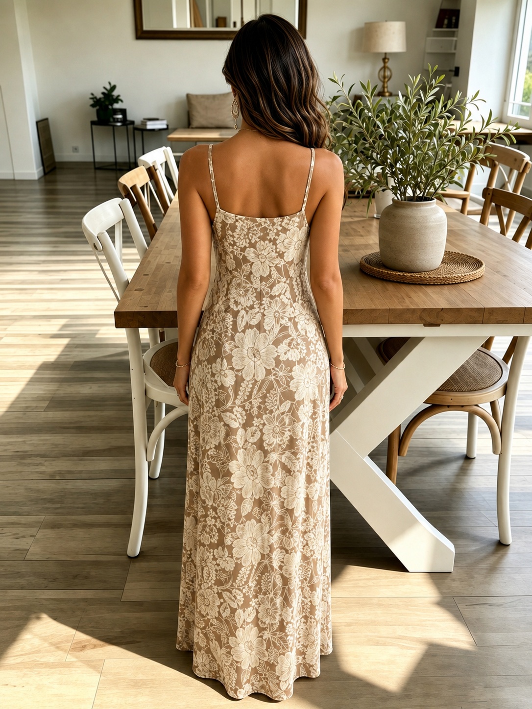 Beige Floral A-Line Strappy Maxi Dress