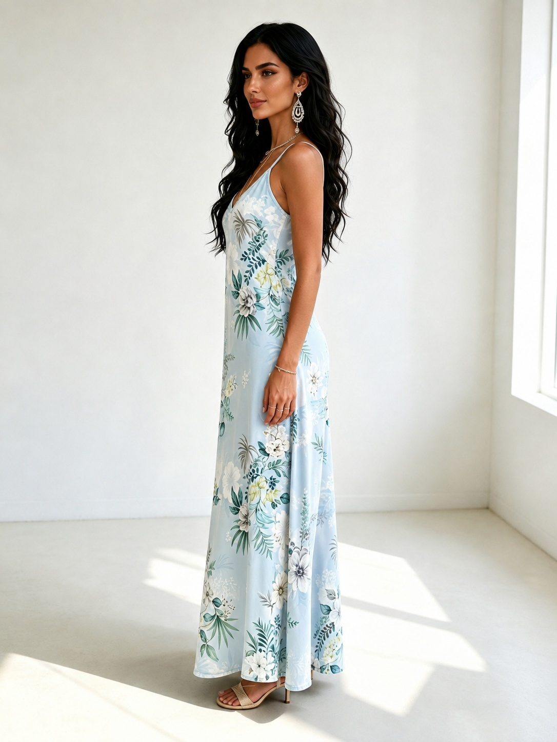 Light Blue Floral Print Maxi Dress