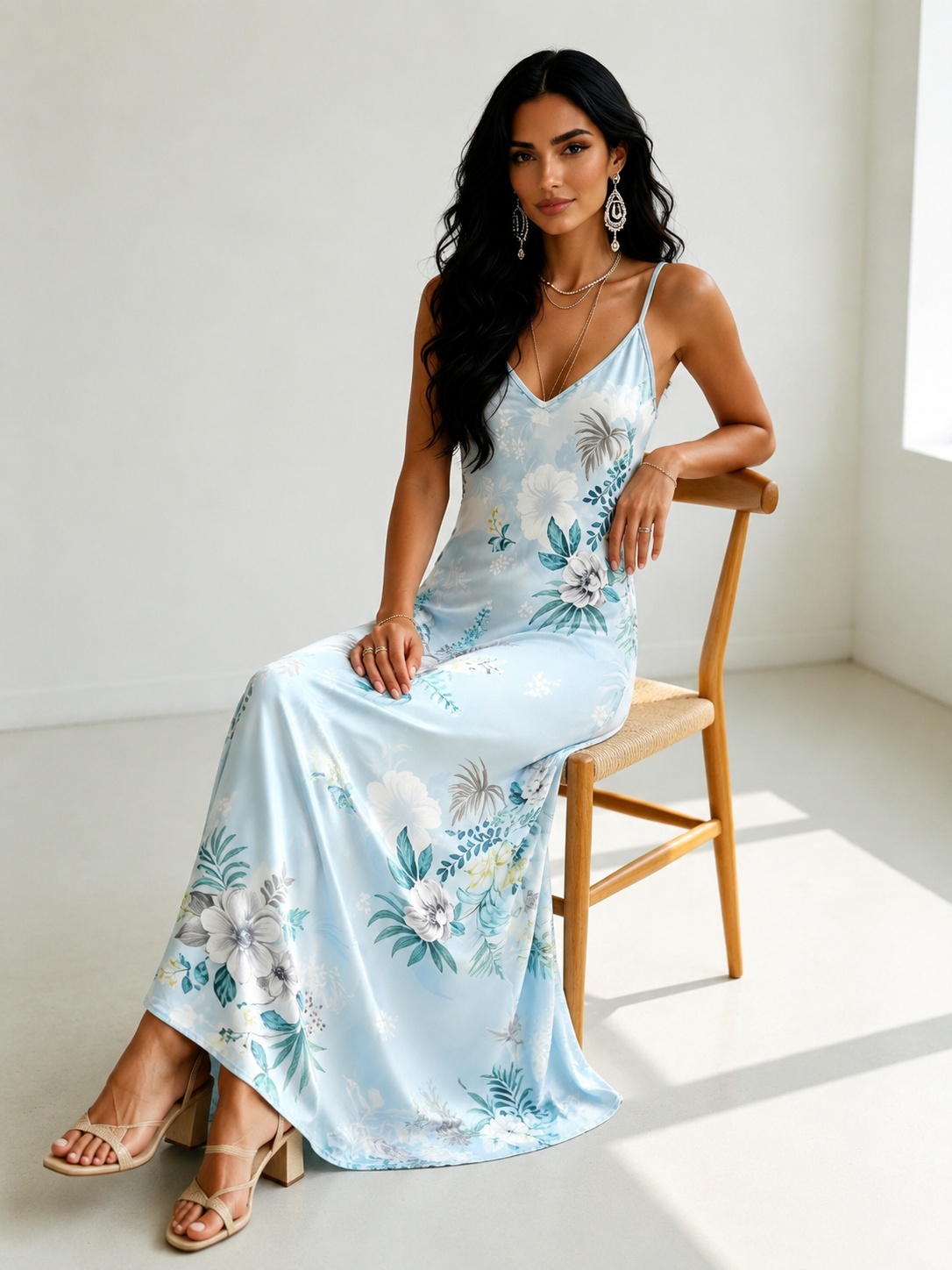 Light Blue Floral Print Maxi Dress