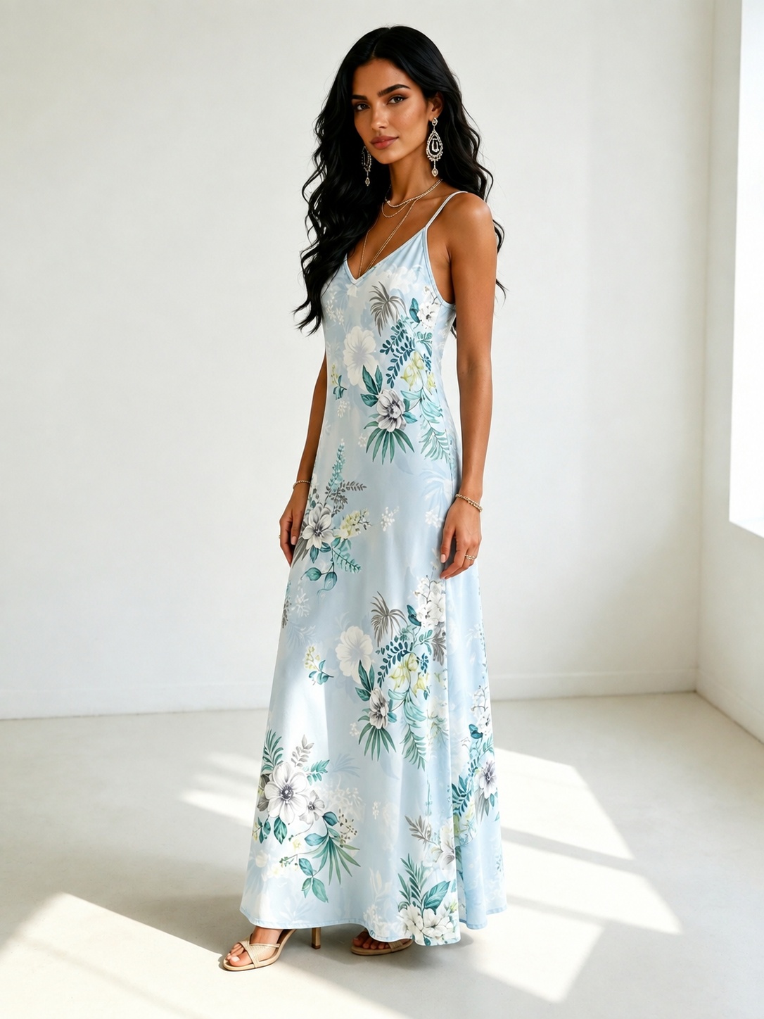 Light Blue Floral Print Maxi Dress