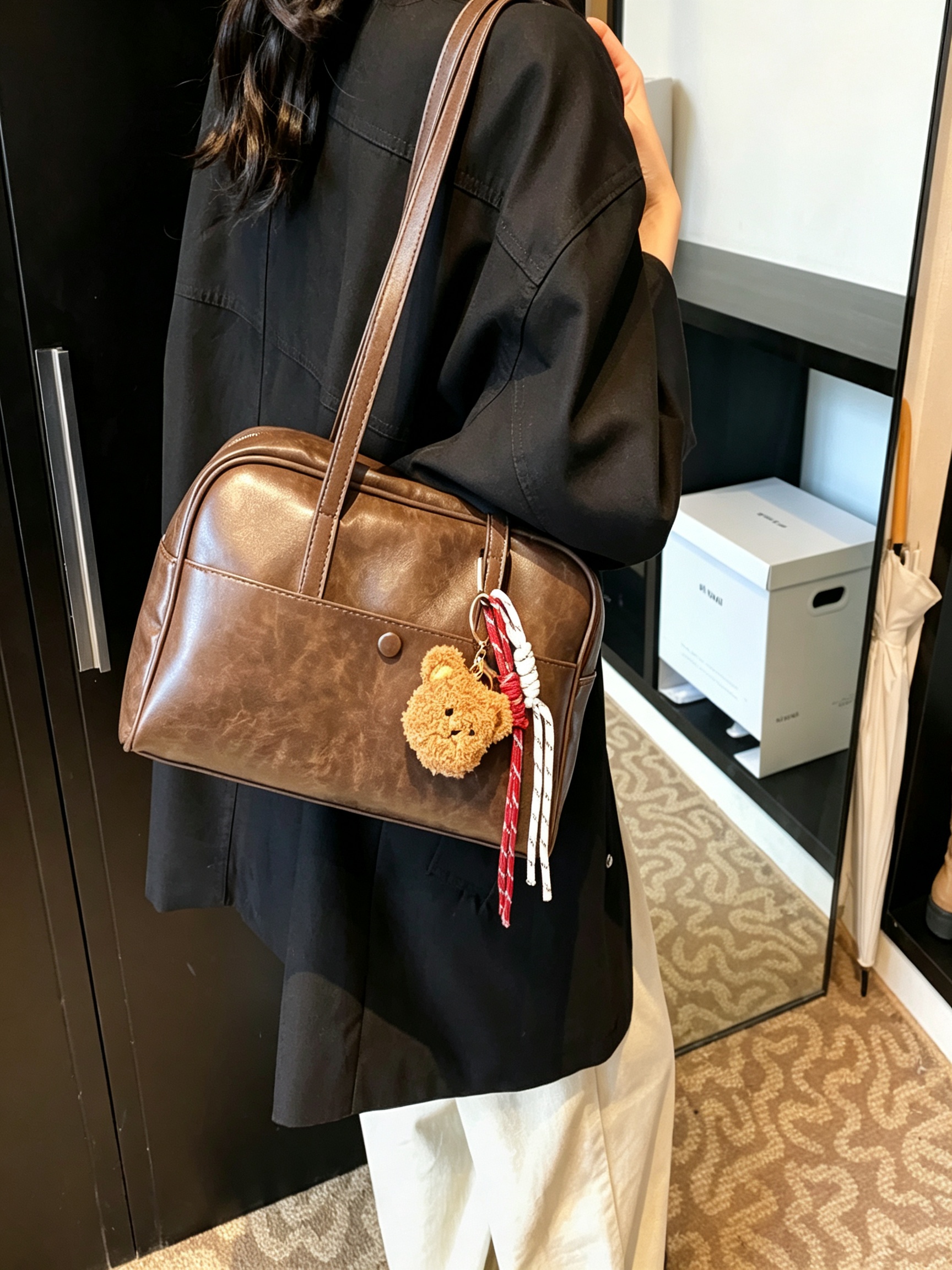  Coffee Brown Shoulder Bag with Charm