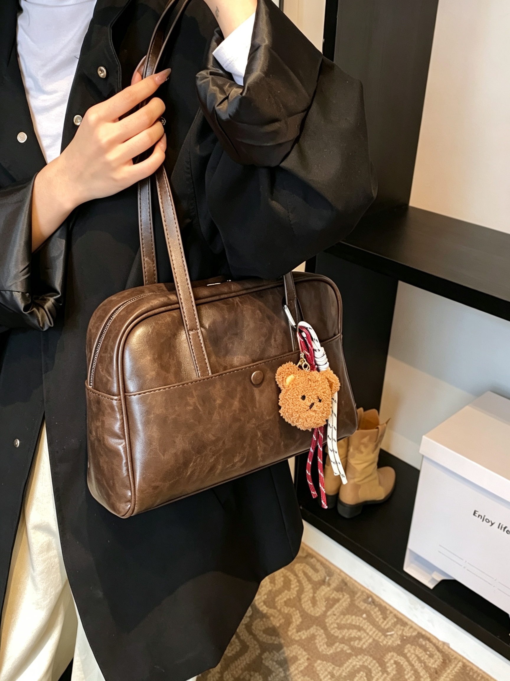  Coffee Brown Shoulder Bag with Charm