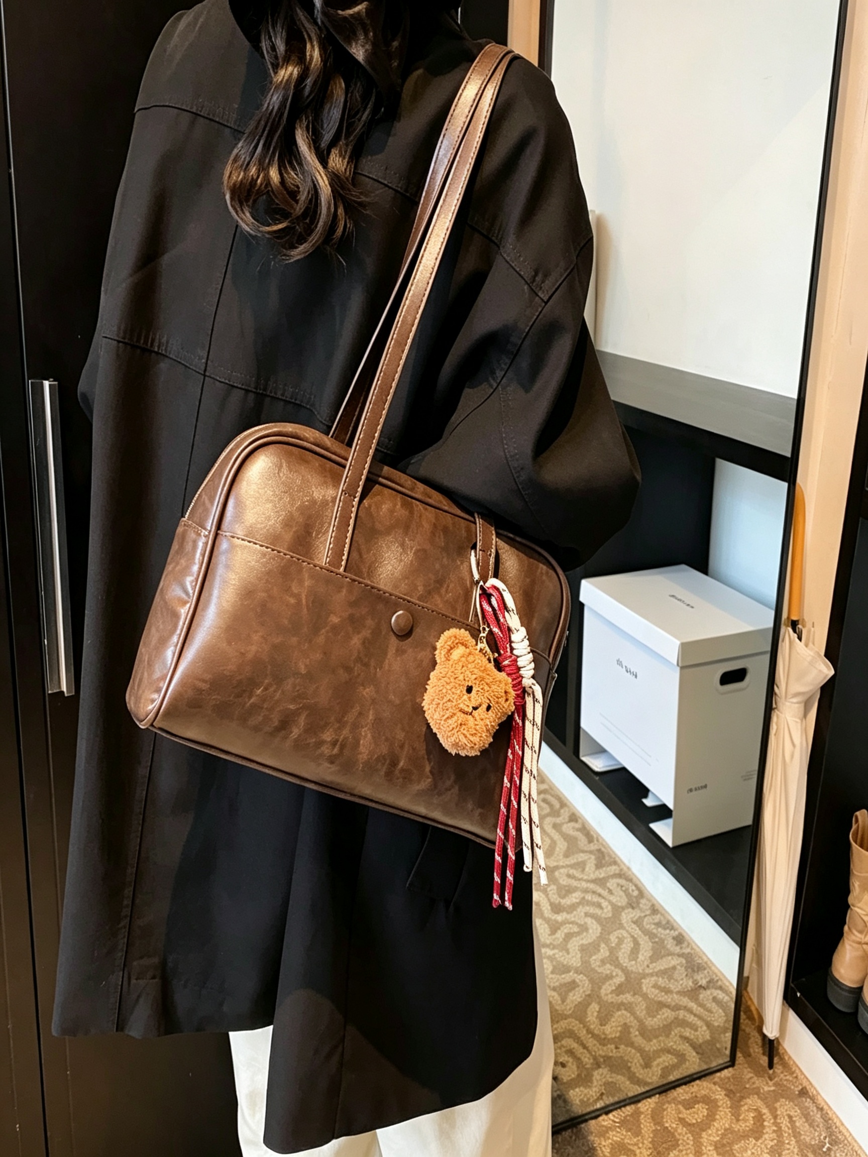  Coffee Brown Shoulder Bag with Charm