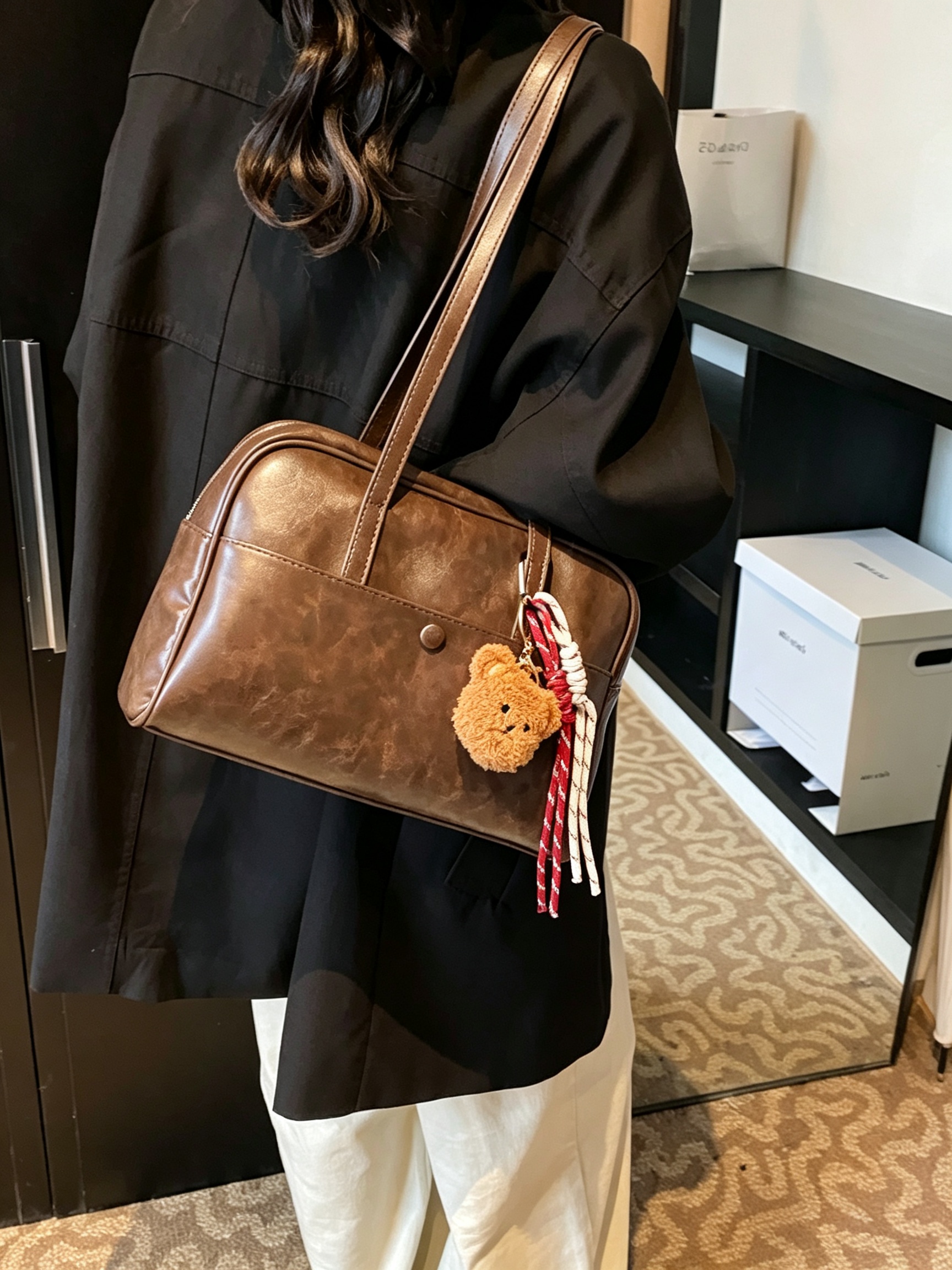  Coffee Brown Shoulder Bag with Charm