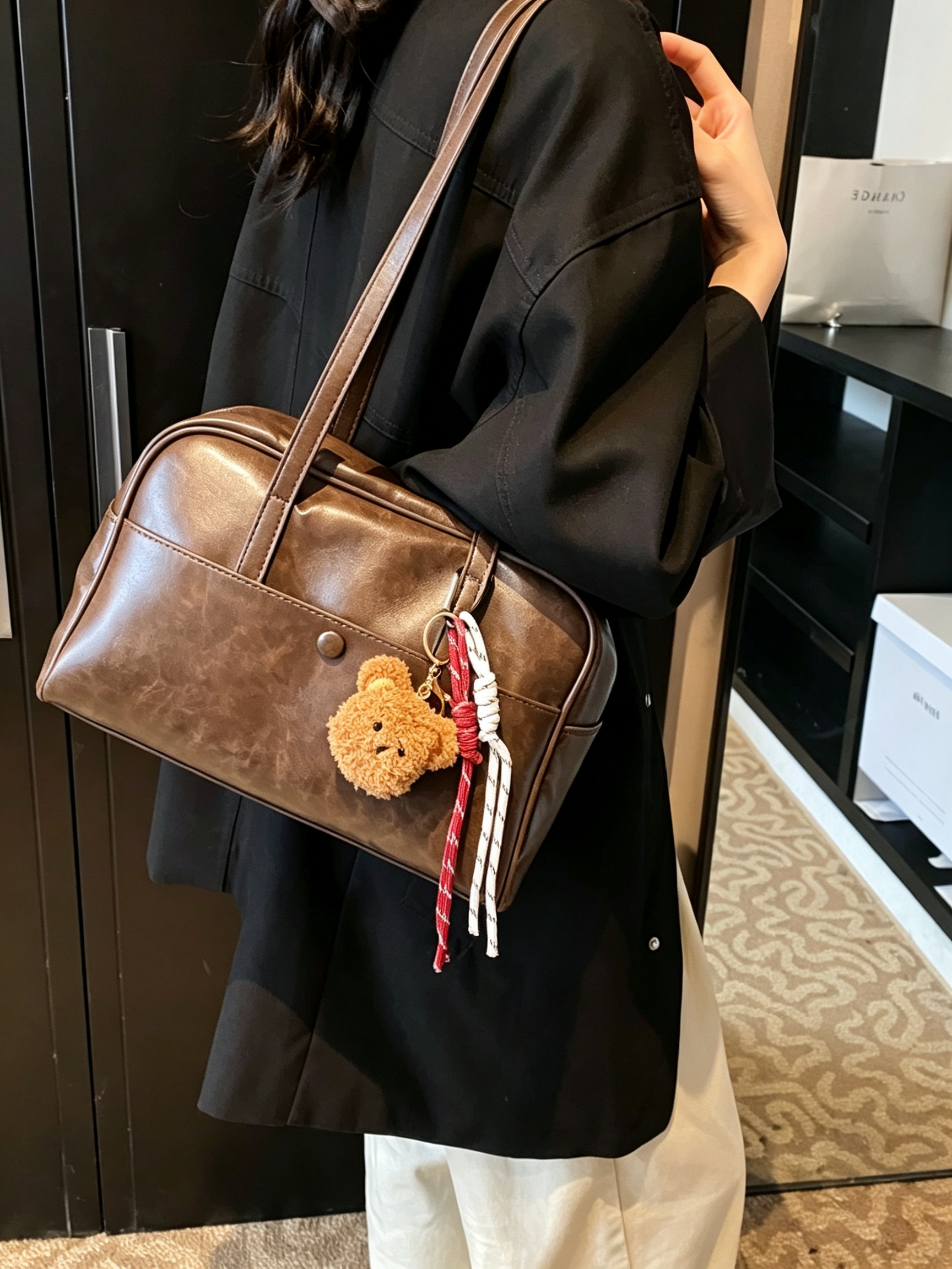  Coffee Brown Shoulder Bag with Charm