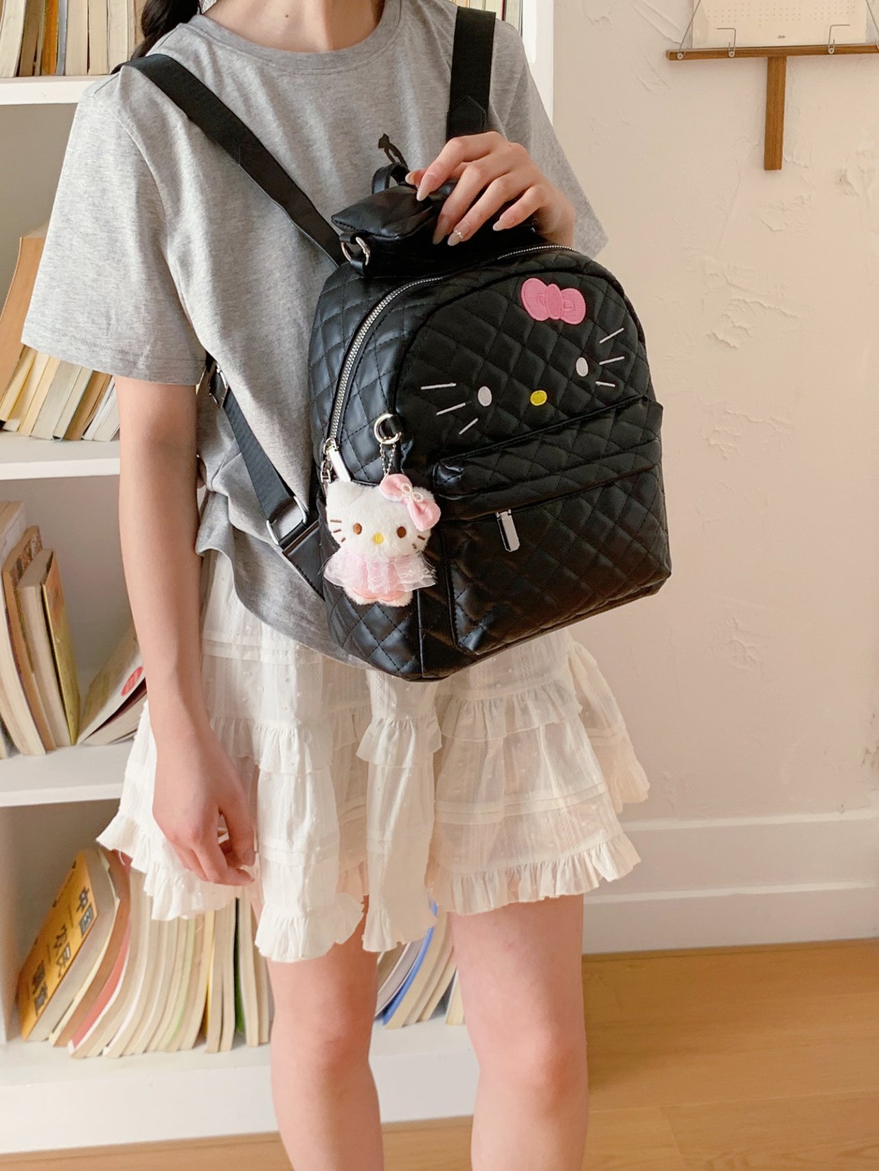 Black Quilted Hello Kitty Backpack 
