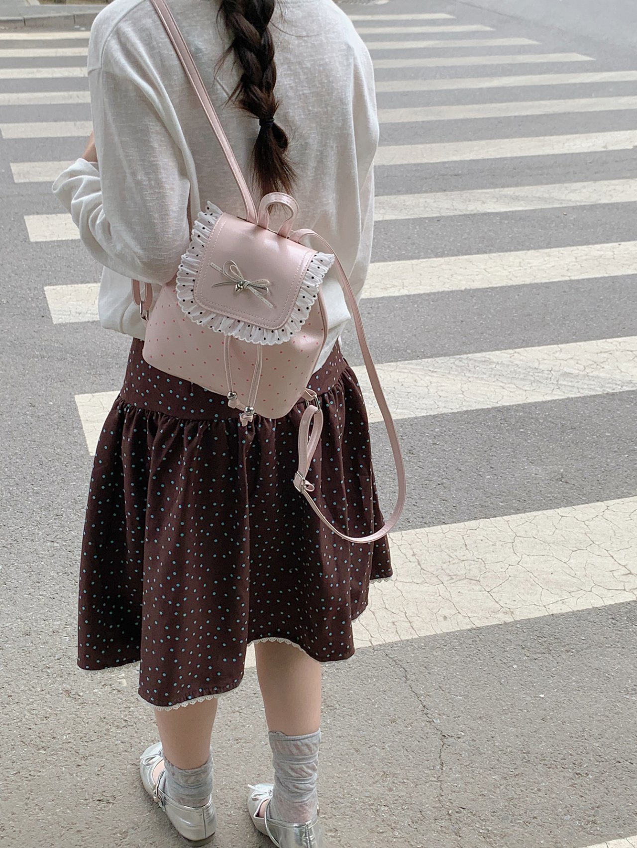 Pink Polka Dot Backpack with Ruffles