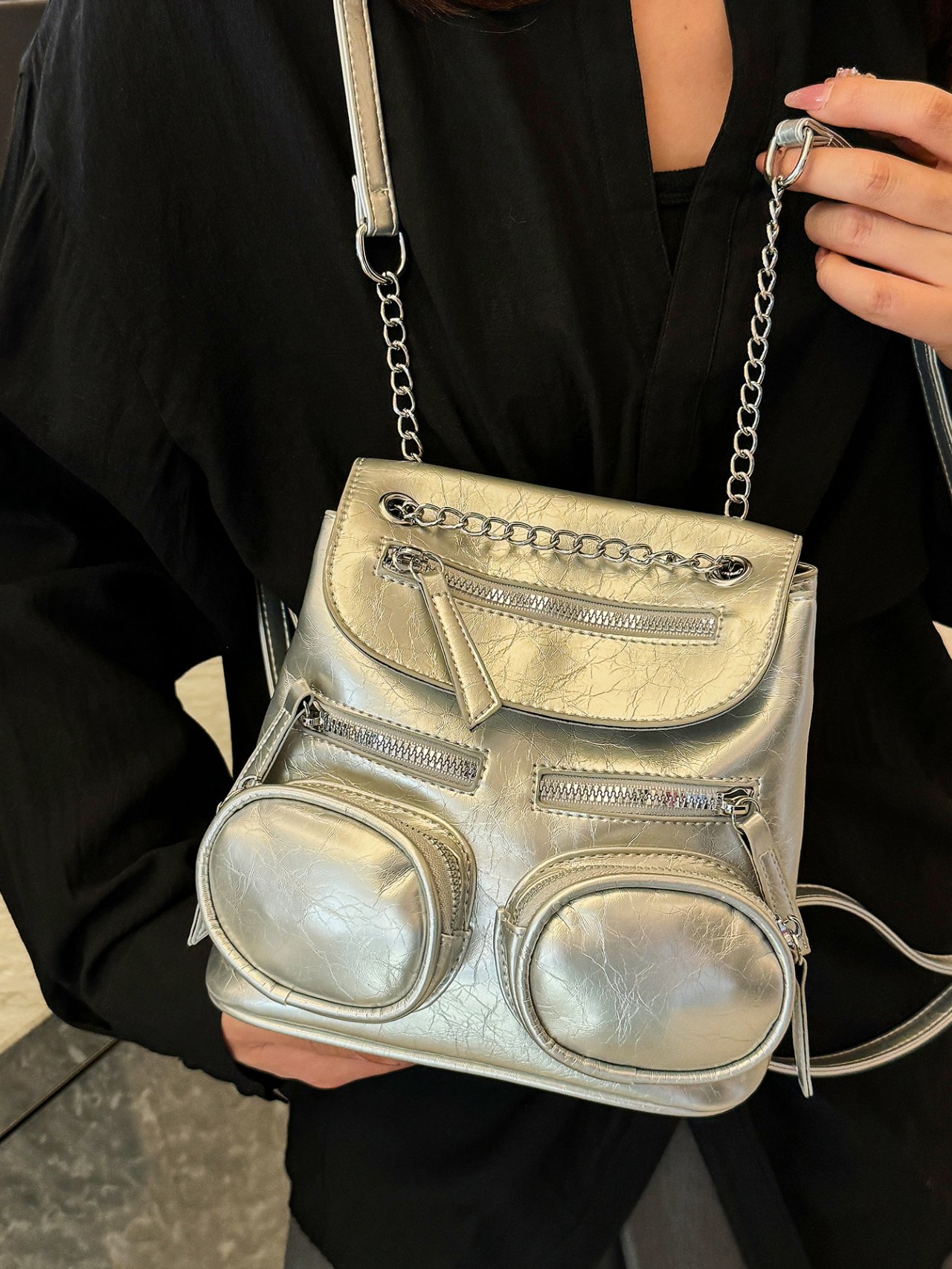 Silver Mini Backpack with Chain Detail