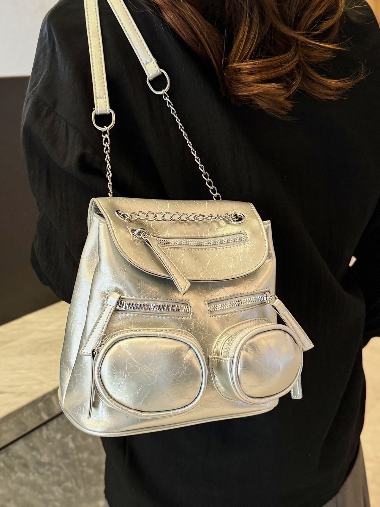 Silver Mini Backpack with Chain Detail