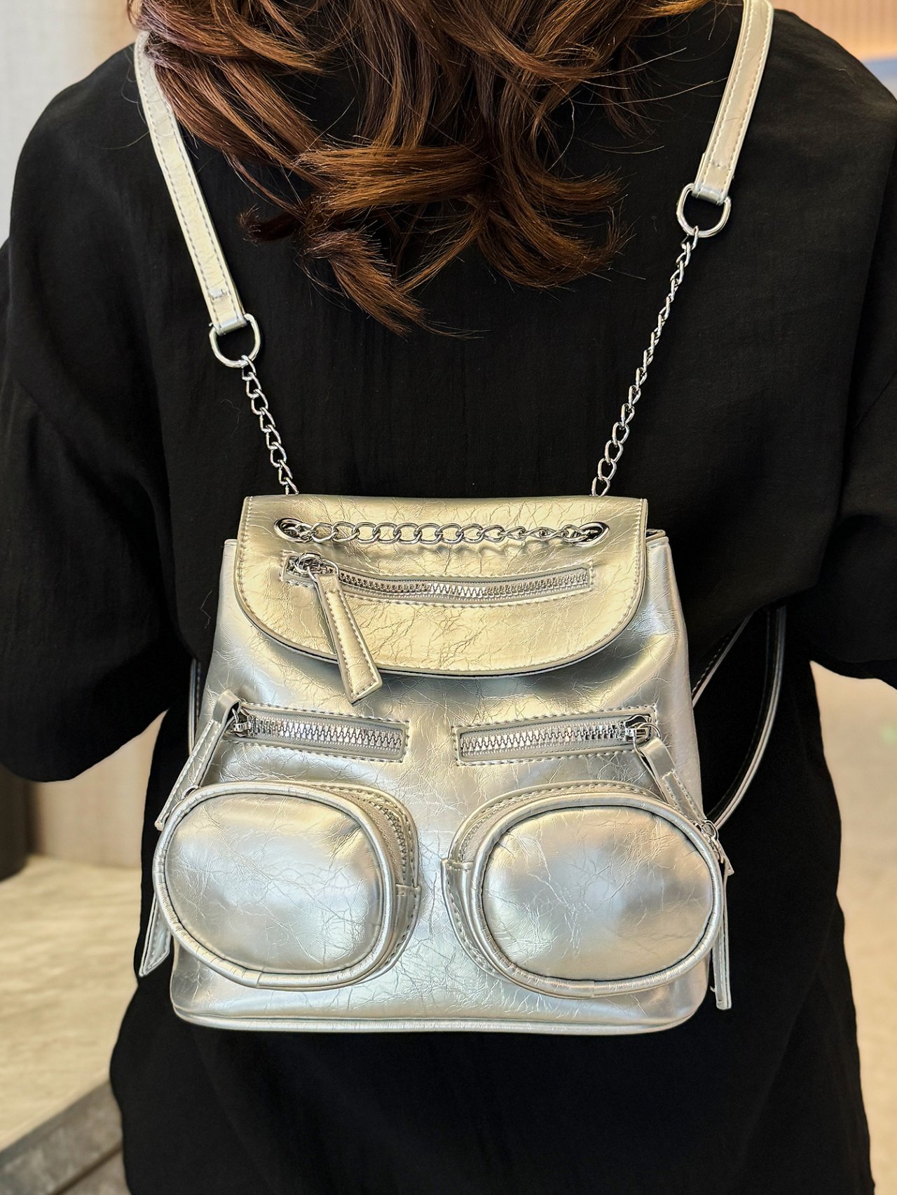 Silver Mini Backpack with Chain Detail