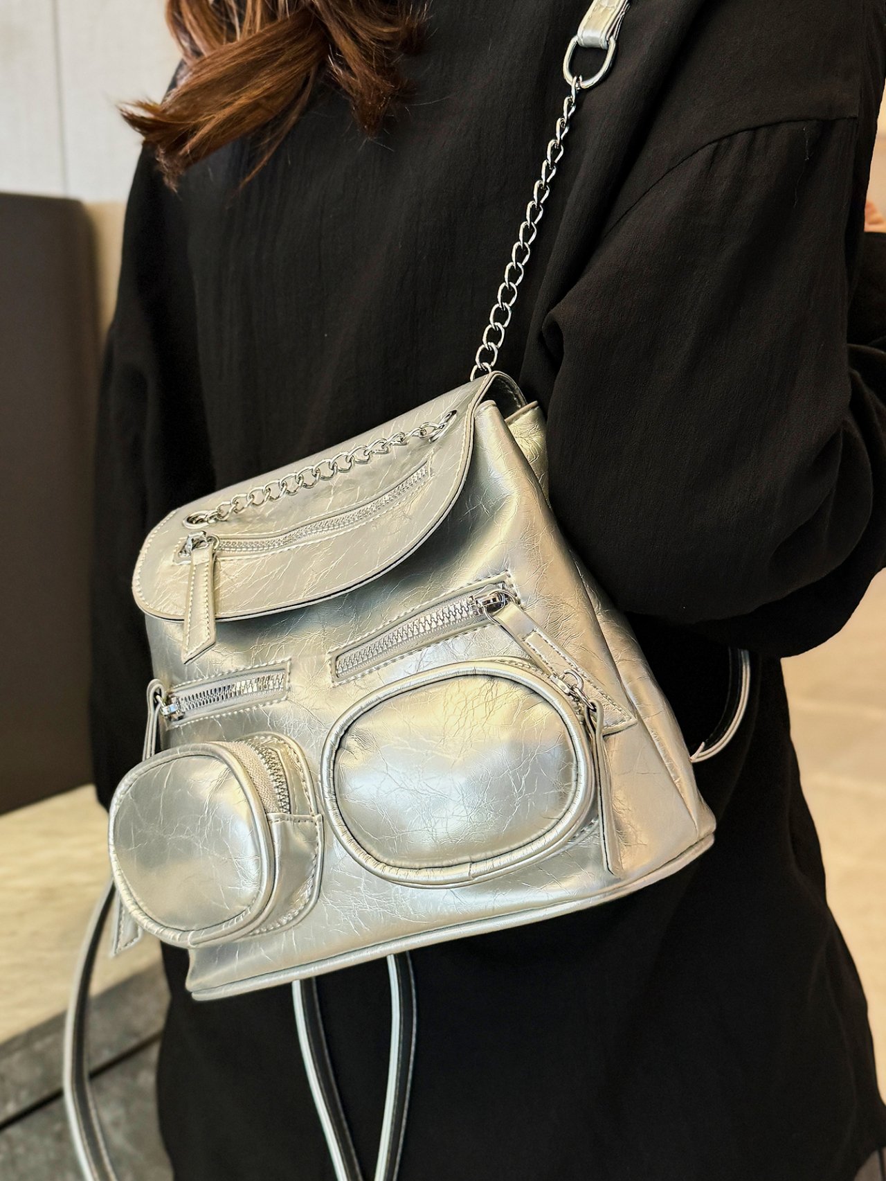 Silver Mini Backpack with Chain Detail