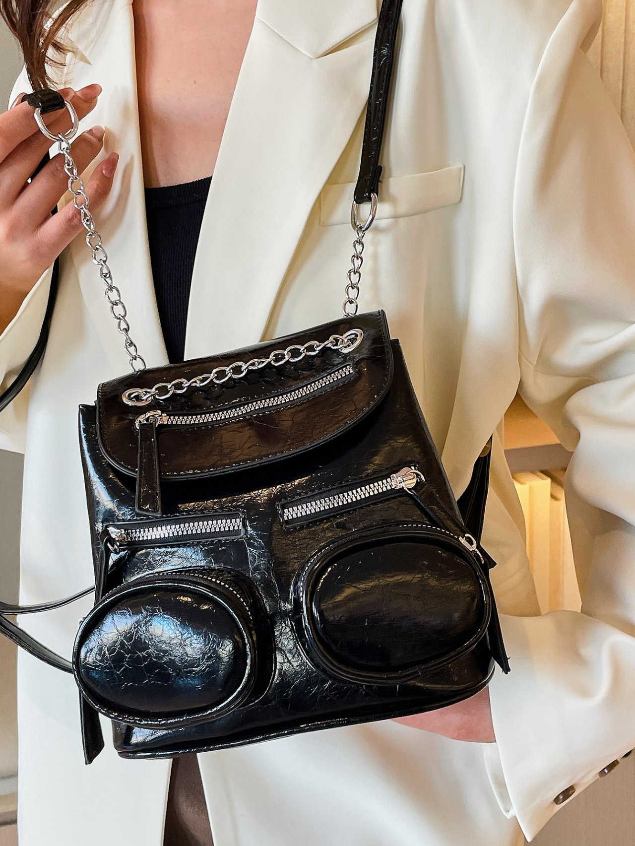 Black Multi-Pocket Backpack with Chain Detail