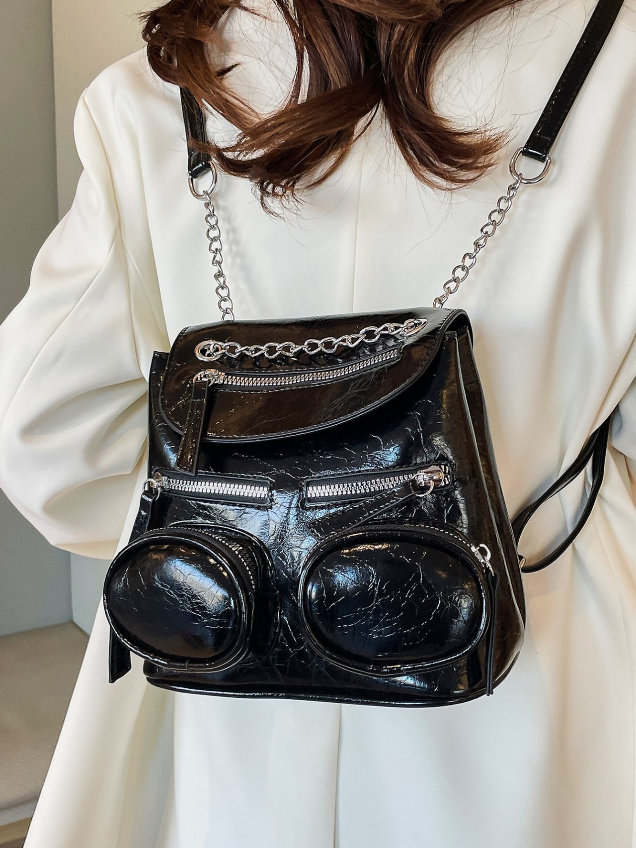 Black Multi-Pocket Backpack with Chain Detail