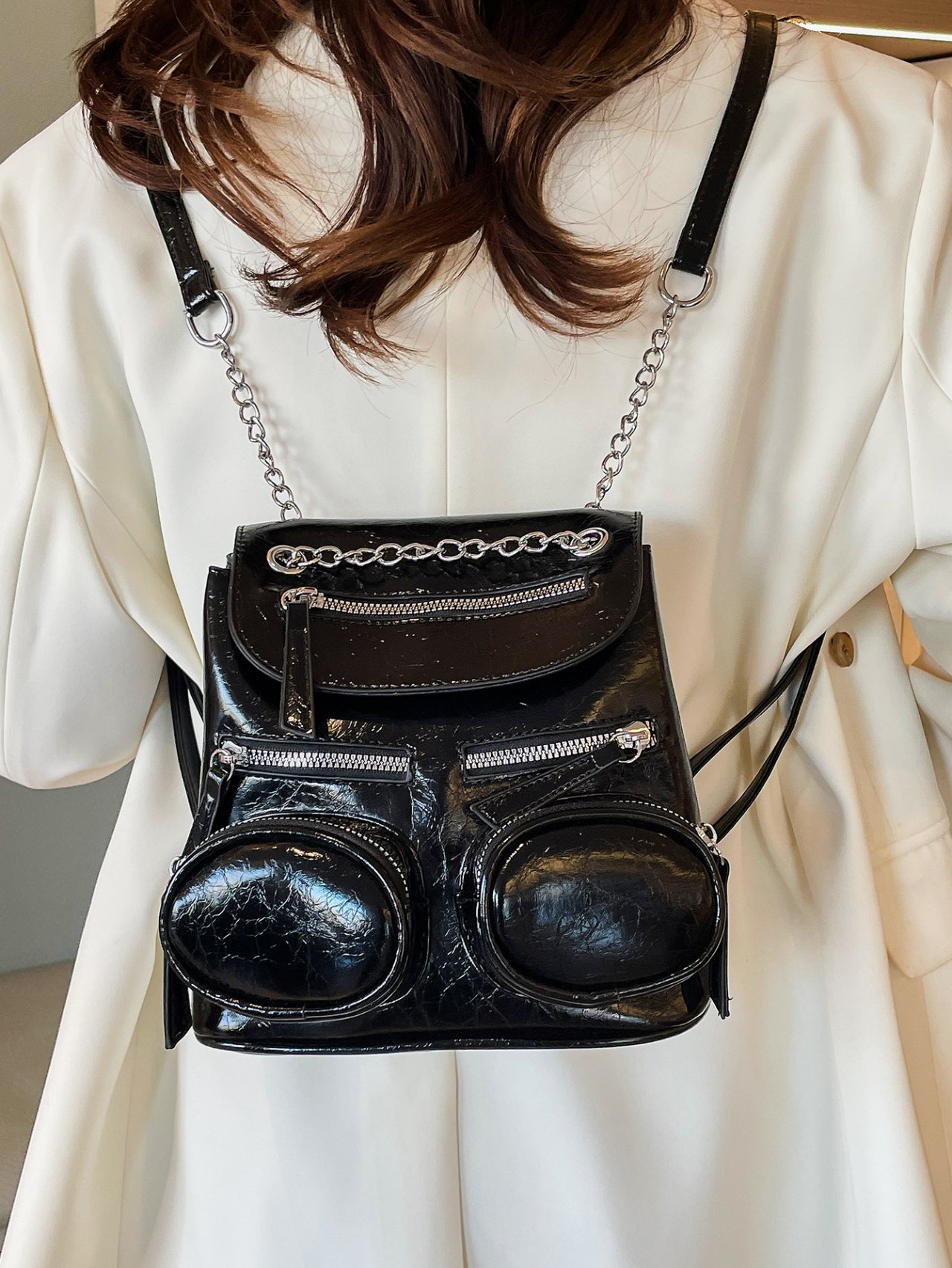 Black Multi-Pocket Backpack with Chain Detail
