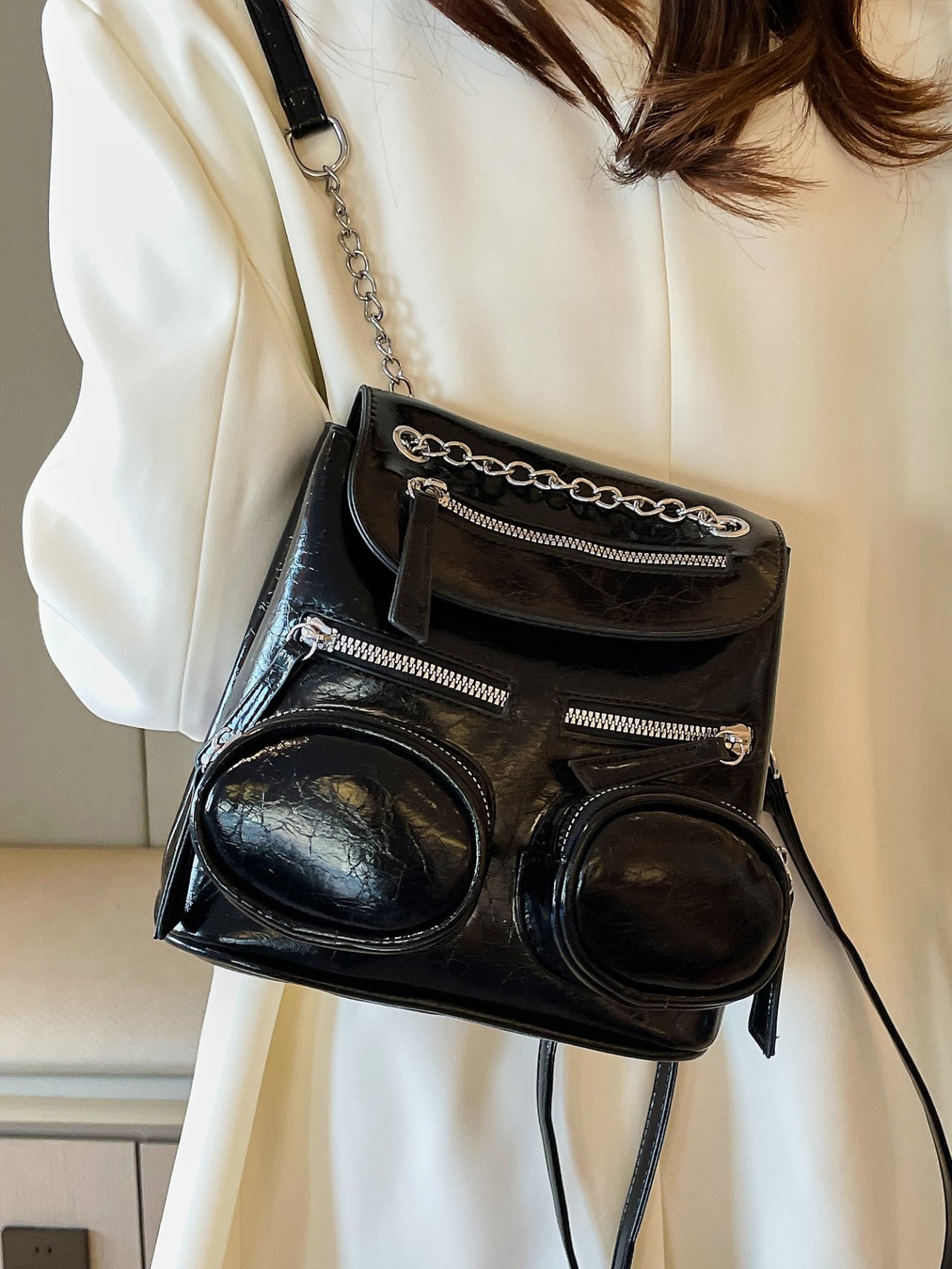 Black Multi-Pocket Backpack with Chain Detail