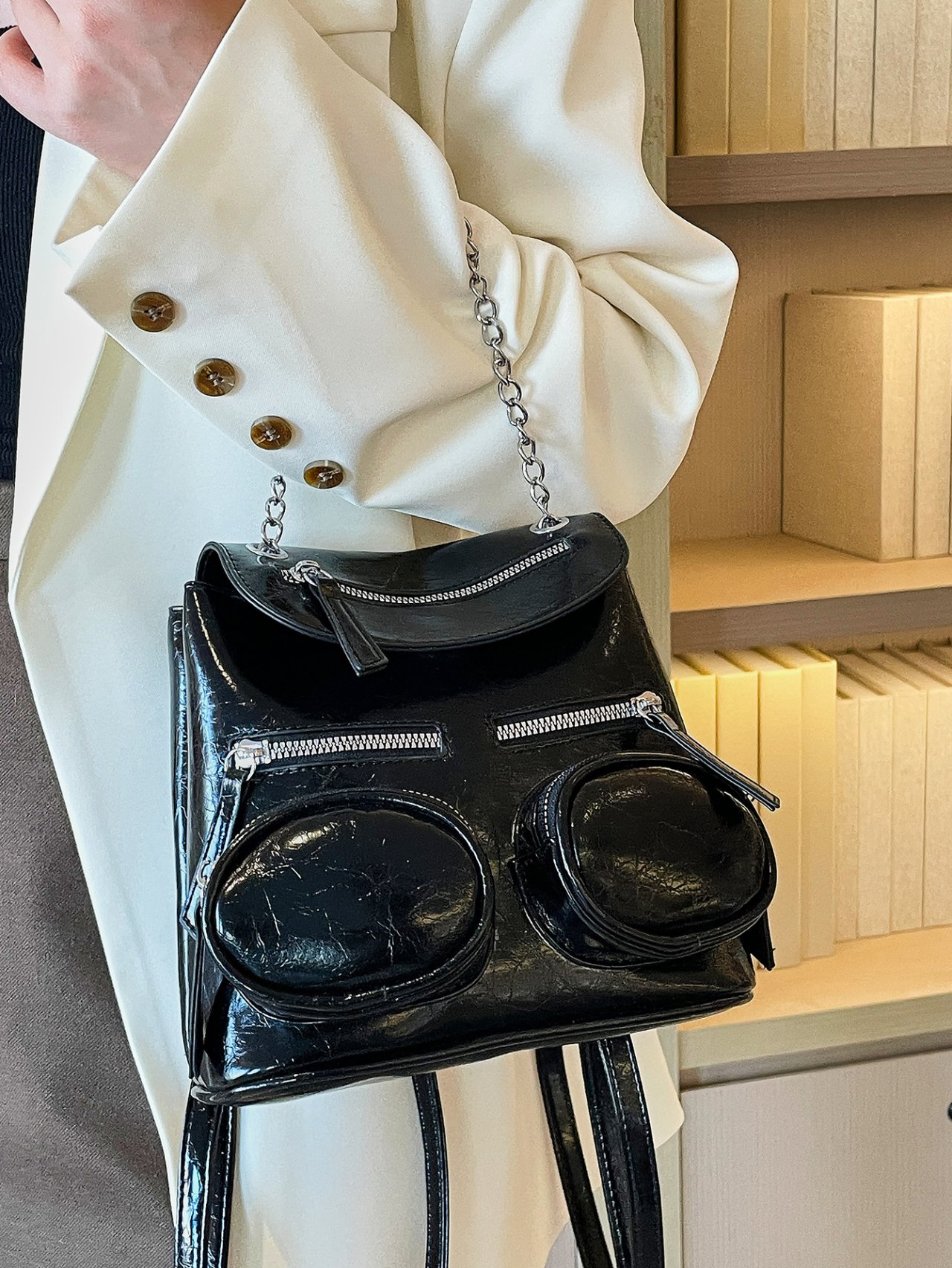 Black Multi-Pocket Backpack with Chain Detail