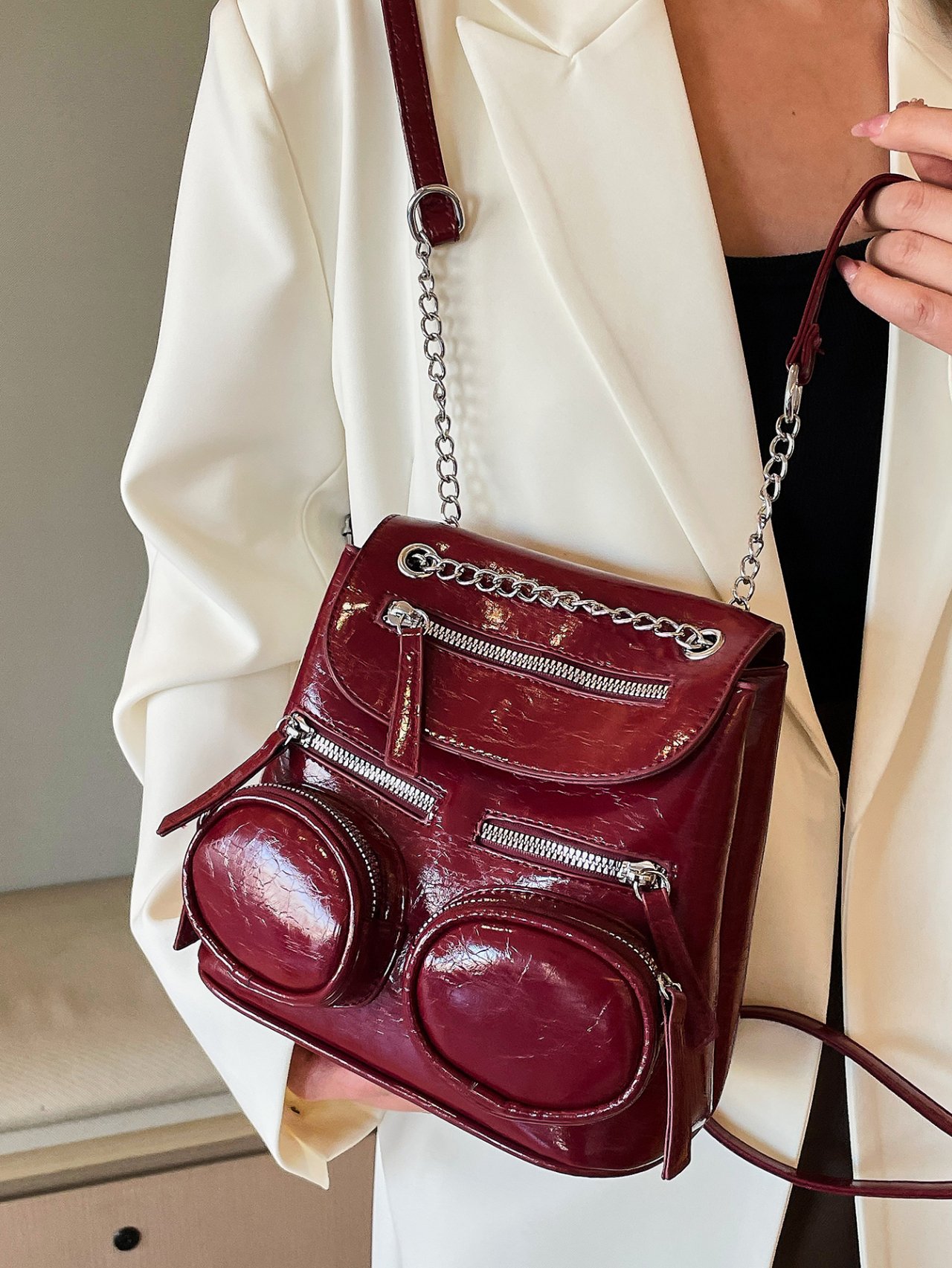 Burgundy Patent Leather Mini Backpack with Chain Detail