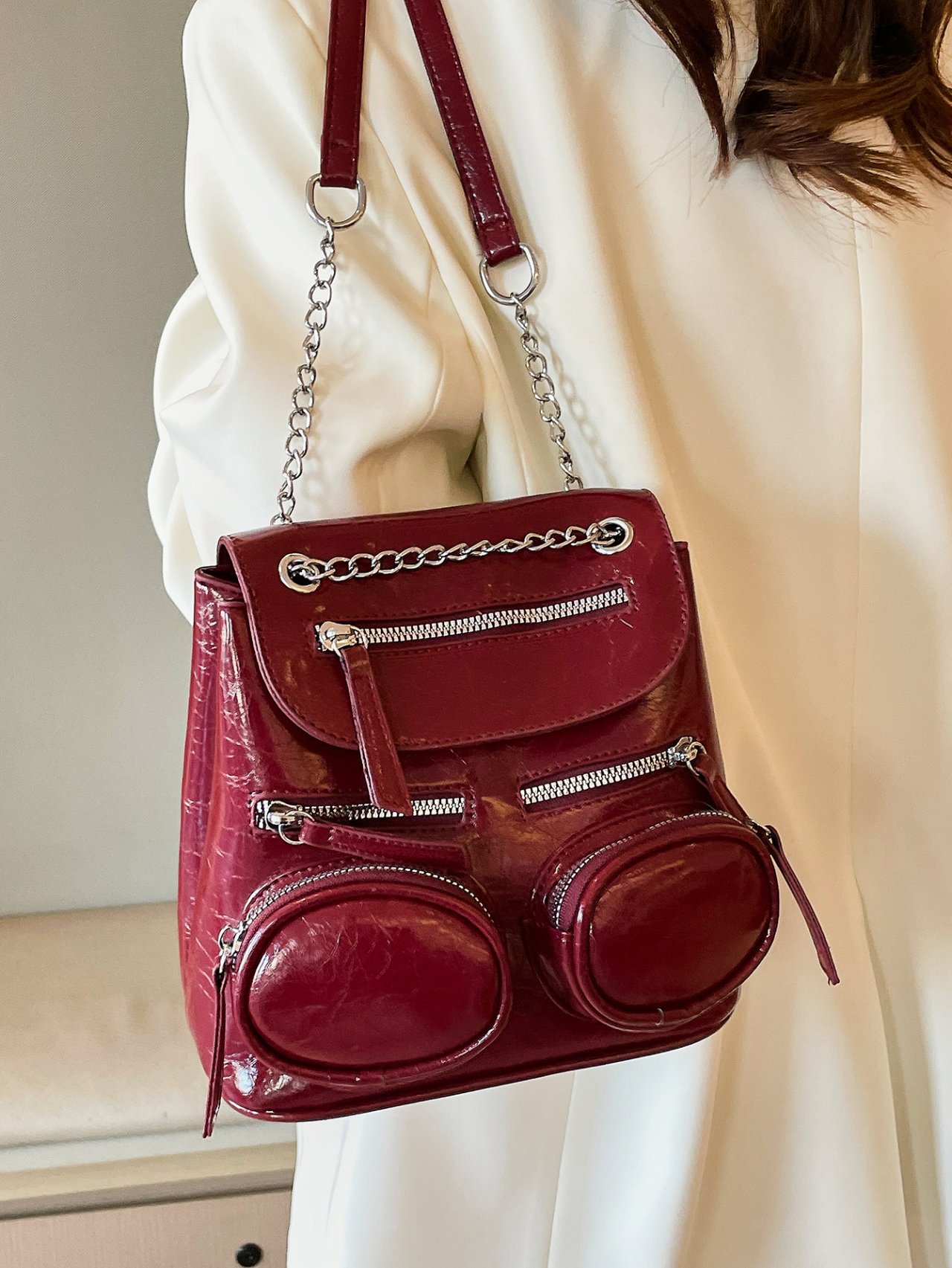 Burgundy Patent Leather Mini Backpack with Chain Detail