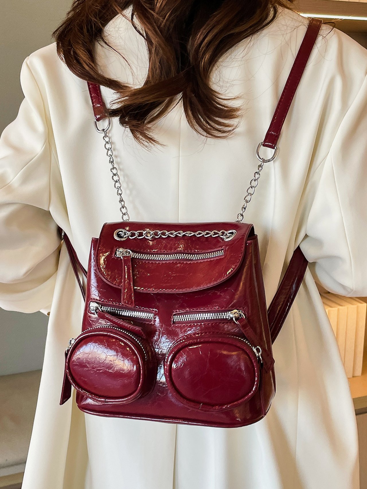 Burgundy Patent Leather Mini Backpack with Chain Detail
