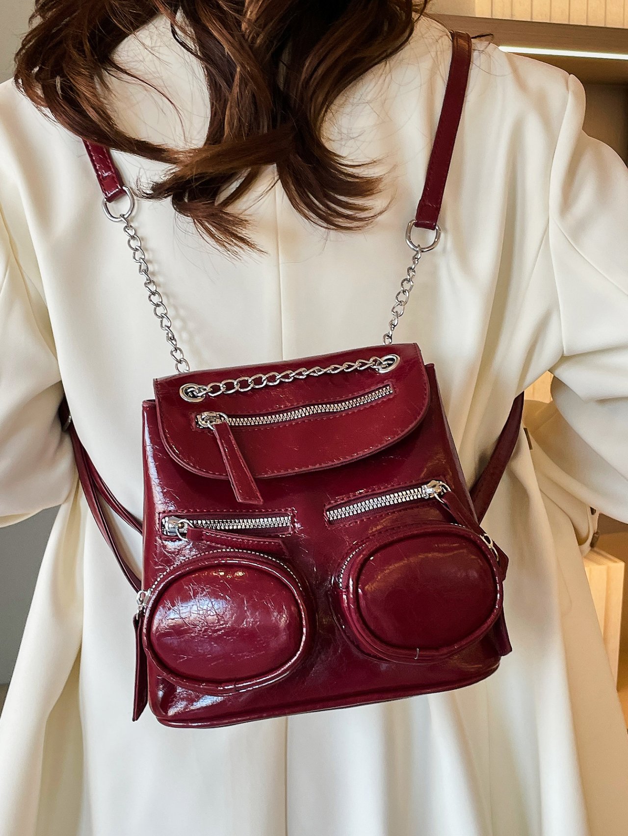 Burgundy Patent Leather Mini Backpack with Chain Detail