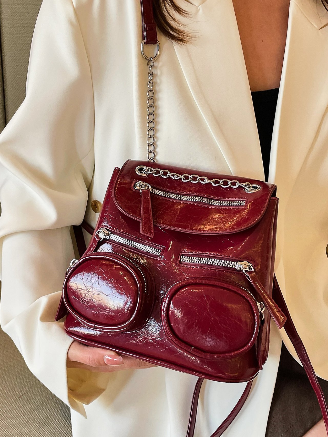 Burgundy Patent Leather Mini Backpack with Chain Detail