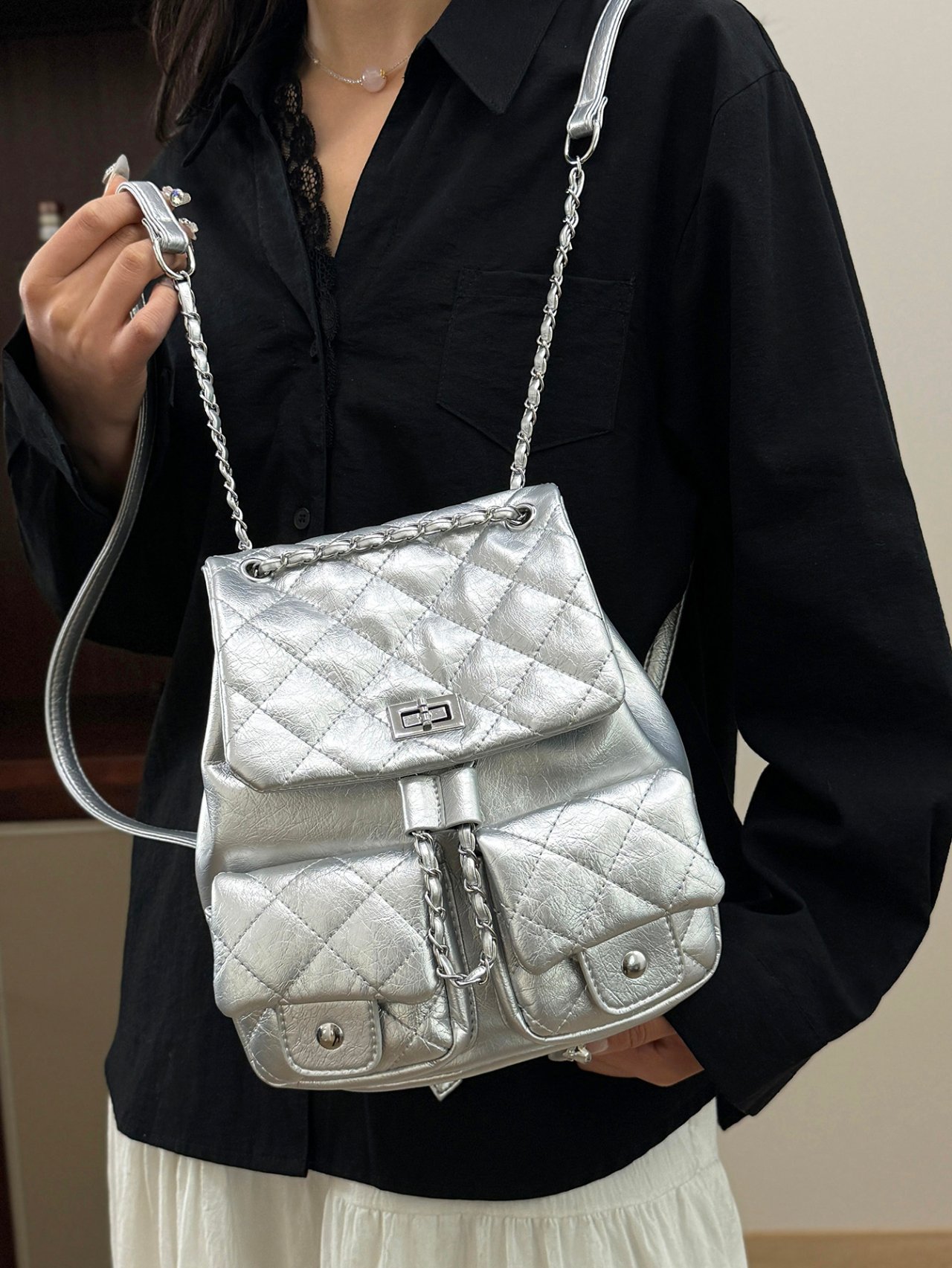 Silver Quilted Backpack 